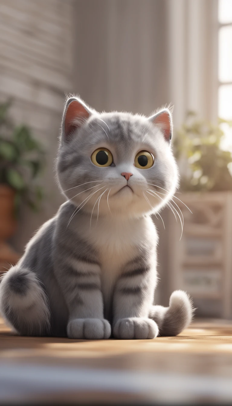 Cute Gray Cat, looking in camera, Tamago Style, Mochi style, 3D style, 8K, 4K, hard disk, Clear background, estilo chibi ,beckoning cat