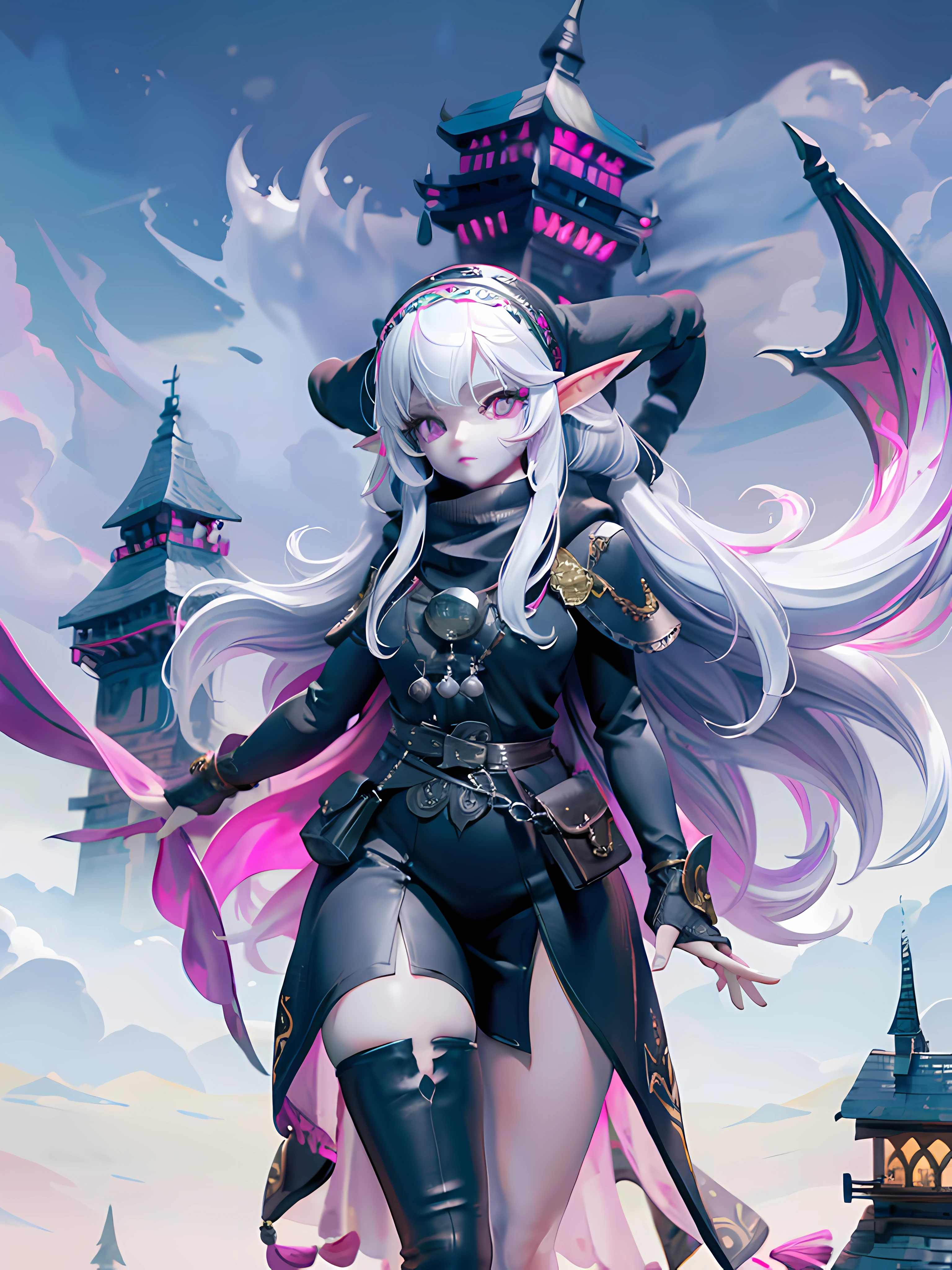 1girl, long white hair, pink eyes, black scarf, elf ears, maiden outfit, castle in the background, 8k, high resolution, intricate details, ultrasharp, masterpiece, looking at viewer