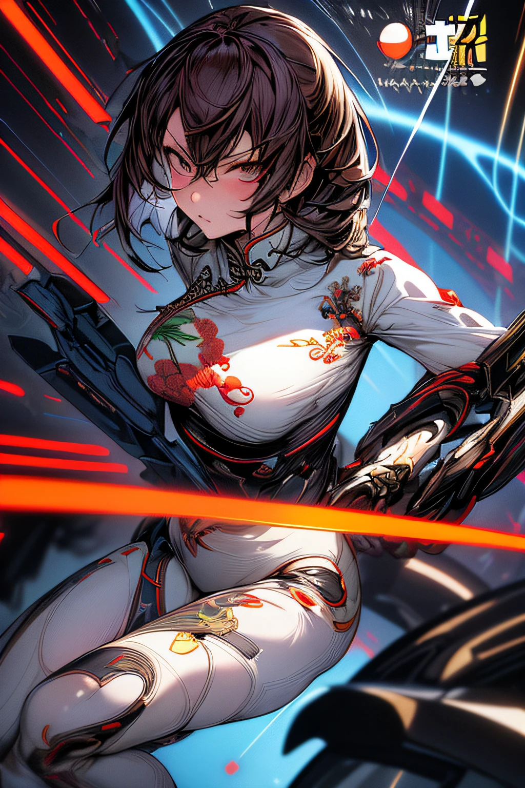 (comic book style),(linear art_Anime),(masutepiece, Best Quality, ),(Laura Bad Picture:1.2),(Lora Add Details:1.2),A highly detailed,(flat-colors:0.8), 8K,1 girl in、(Futuristic Chinese Fashion_Luxurious embroidery:1.2),Cyber Chinese Style_high-tech backdrop、(machinery background_Chinese background:1.0)、(cyberpunked:0.8)、Cyber weapons