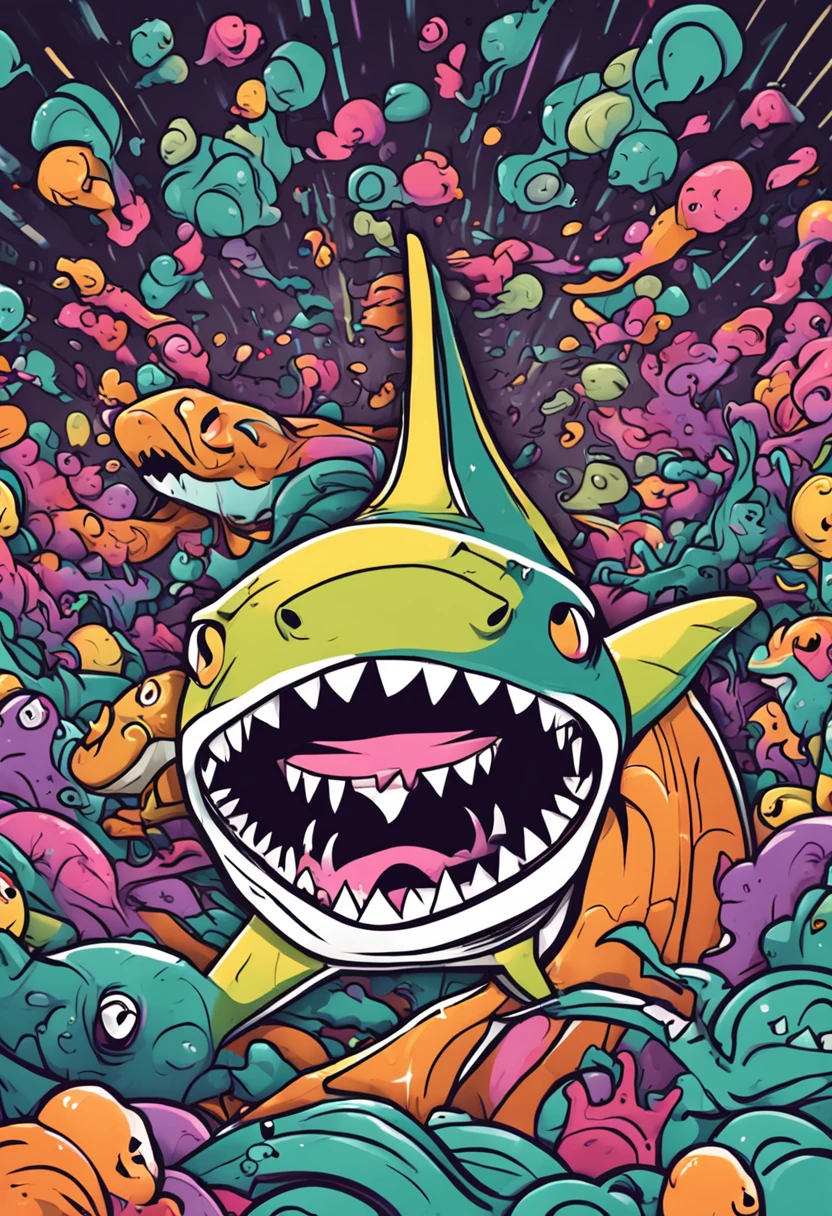 Cartoon drawing style,Pop and colorful,Scary but cute shark - v 16:9