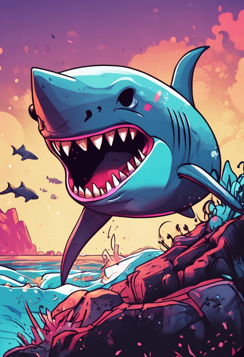 Cartoon drawing style，Pop and colorful,Scary but cute shark - v 16:9
