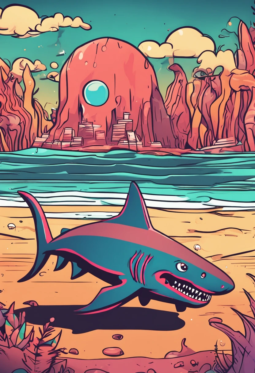 Cartoon drawing style,Pop and colorful,Scary but cute shark - v 16:9