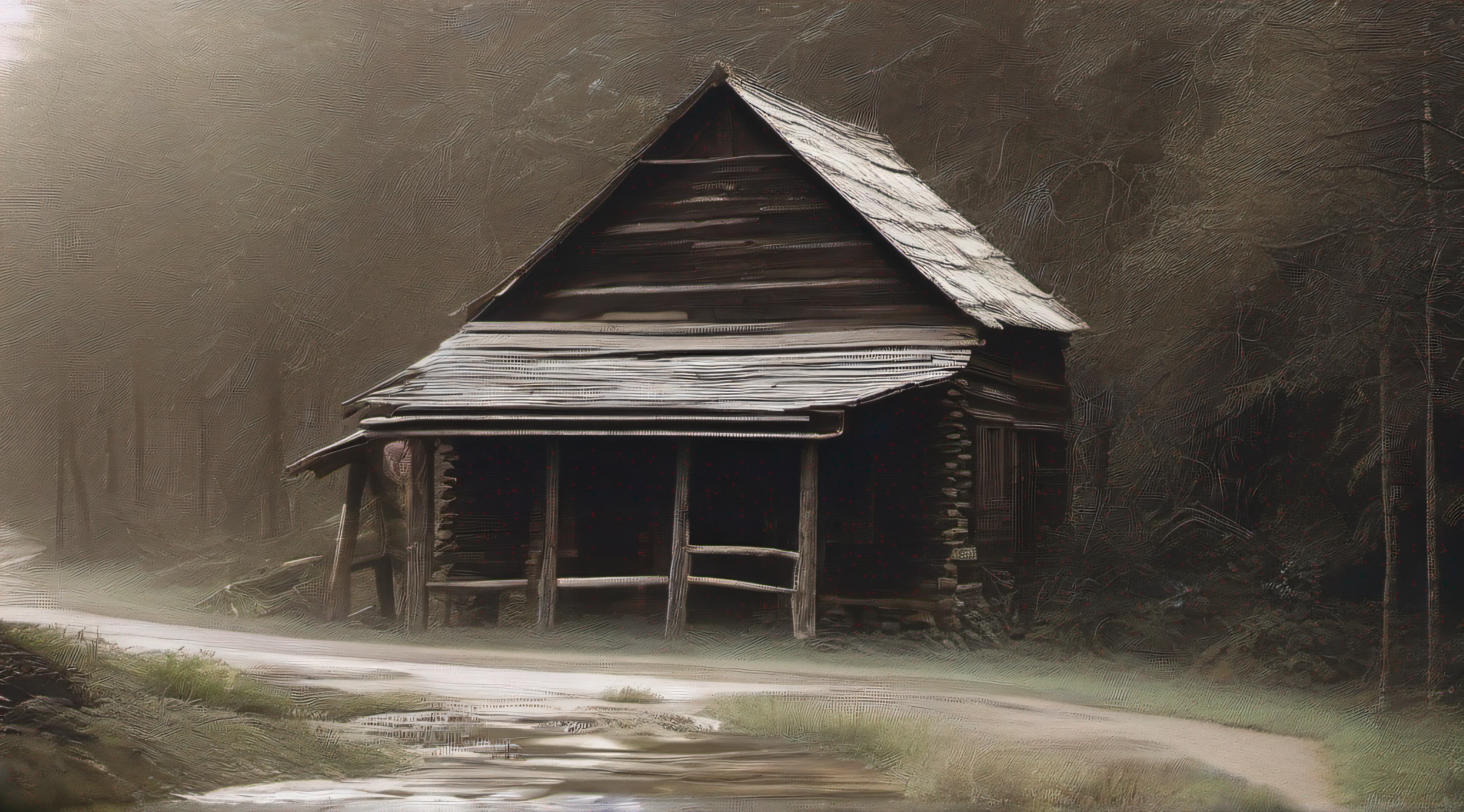 Em uma noite tenebrosa, A place catches the eye: A cabin in the heart of the forest. At his door is a man with a disfigured face, whose look is frightening. The scene evokes a style of painting à la Da Vinci, com sombras intrigantes e detalhes que capturam o enigma. Darkness and the unknown converge, enquanto o homem e a cabana parecem guardar segredos sombrios. The aura of mystery hangs in the air, transformando a cena em um enigma visual