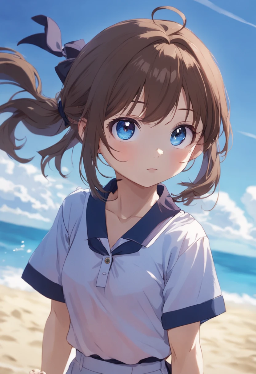 jitome,One girl,brunette color hair,Cute Baby Turtle,Polo shirt,poneyTail,eBlue eyes,tmasterpiece,top-quality,Top image quality