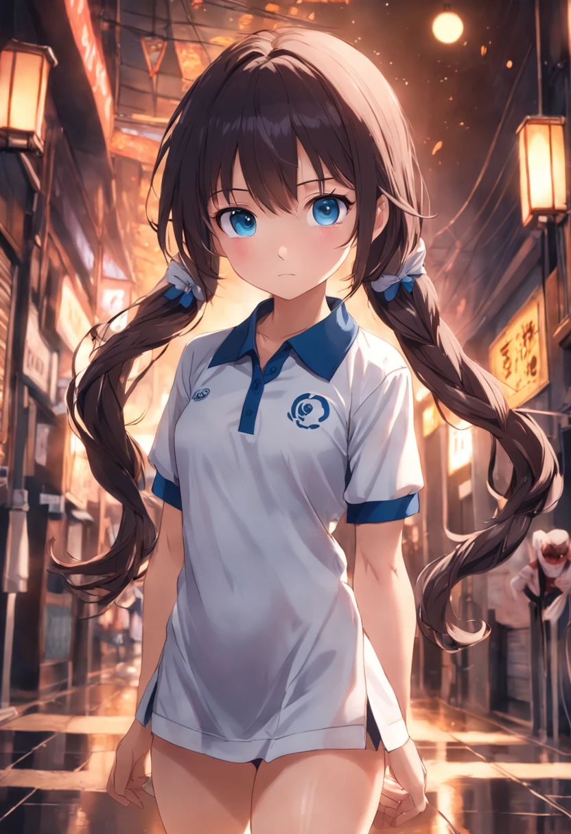 jitome,One girl,brunette color hair,Cute Baby Turtle,Polo shirt,poneyTail,eBlue eyes,tmasterpiece,top-quality,Top image quality