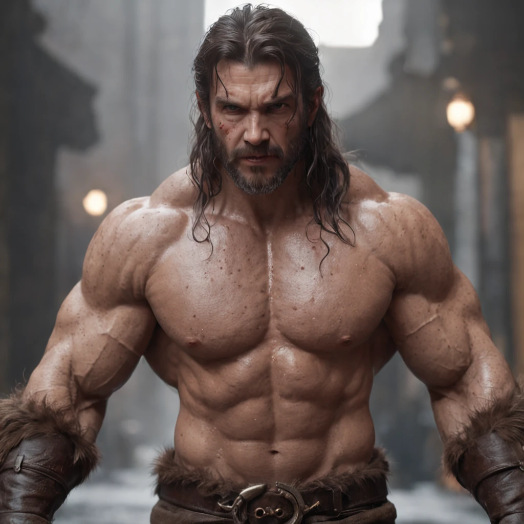 (professional 3d render:1.3) af (Realistic:1.3) most beautiful artwork photo in the world,Features soft and shiny male heroes, ((Epic hero fantasy muscle man rough wet hero angry looking long hair short beard and ferocious expression in dynamic pose, Fantastic location, Majestic cluttered environment)), Full body 8K unified rendering, action shot, skin pore, very dark lighting, heavyshading, Detailed, Detailed face, (vibrant, photograph realistic, Realistic, Dramatic, Dark, Sharp focus, 8K), (Old leather garments damaged by weathering:1.4), ((((Wear fur)))), (Intricate:1.4), decadent, (Highly detailed:1.4), Digital painting, rendering by octane, art stations, concept-art, smooth, Sharp focus, illustration, Art germ, (loish:0.23), wlop ilya kuvshinov, and greg rutkowski and alphonse mucha gracias, (Global illumination, Studio light, volumettic light), heavy rain, particles floating, lotr, fantasy, elf, full bodyesbian, ((Dark and ancient city background:1.3)),CGSesociety,art stations
