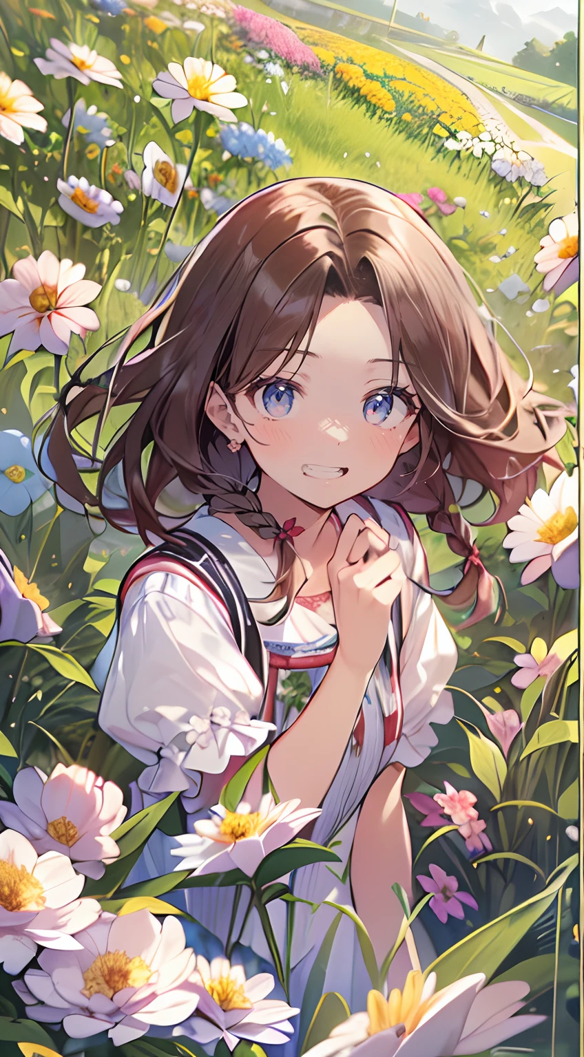 masutepiece, Best Quality,Illustration, Wallpaper, Ultra Detail, Absurd beauty、1 beautiful girl、 (Middle hair、short braided hair), Beautiful ultra-detailed eyes , Hair fluttering in the wind、Keep your head small、flower field、great outdoors、Landscape of the flower garden