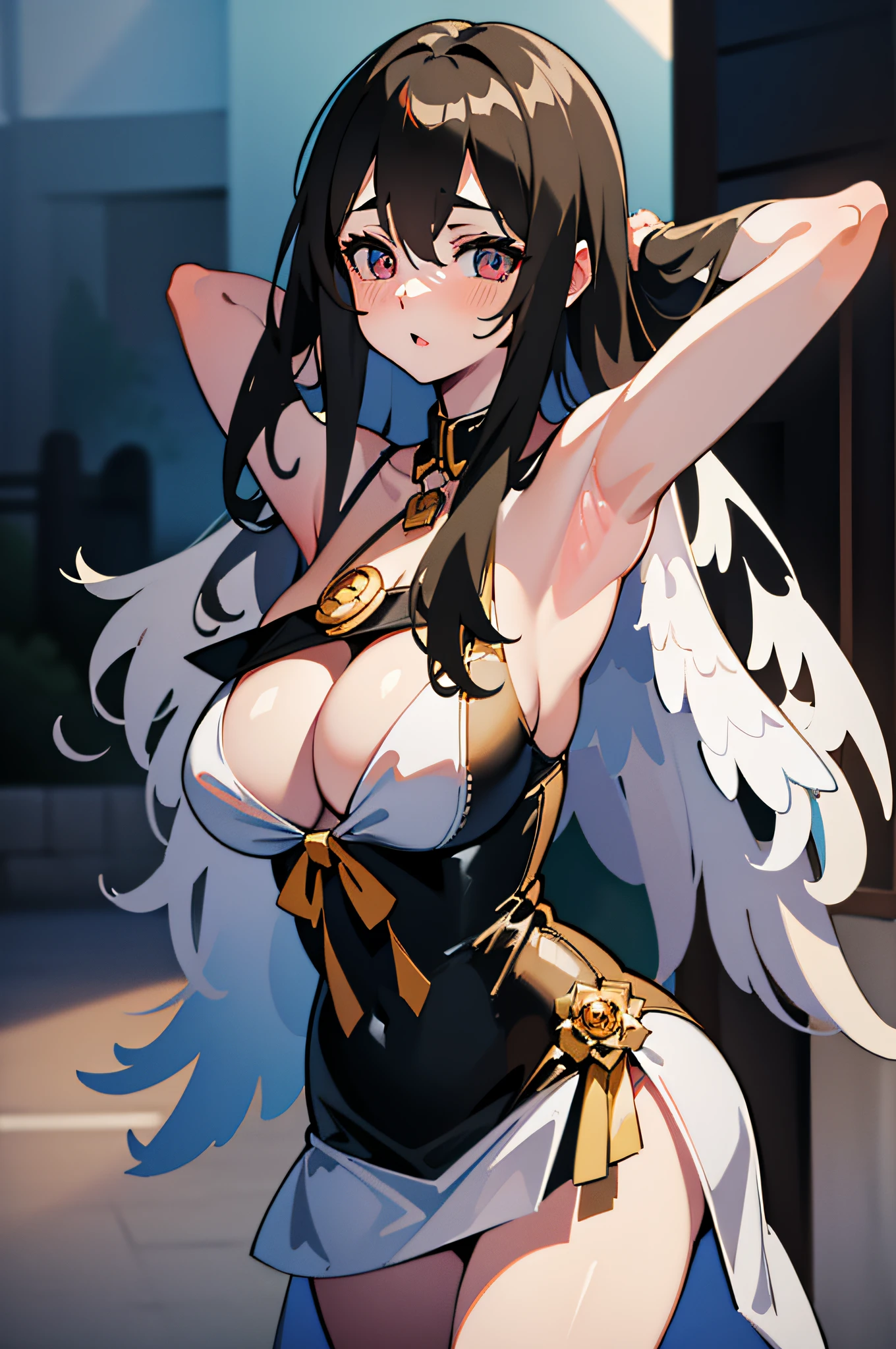 (best quality), (high quality), (detailed), (absurdres), (masterpiece), good artist, 1girl, albedo \(overlord\), white dress, hair between eyes, white horns, black wings, low wings, large breasts, looking at viewer, ahegao, (arms behind head),