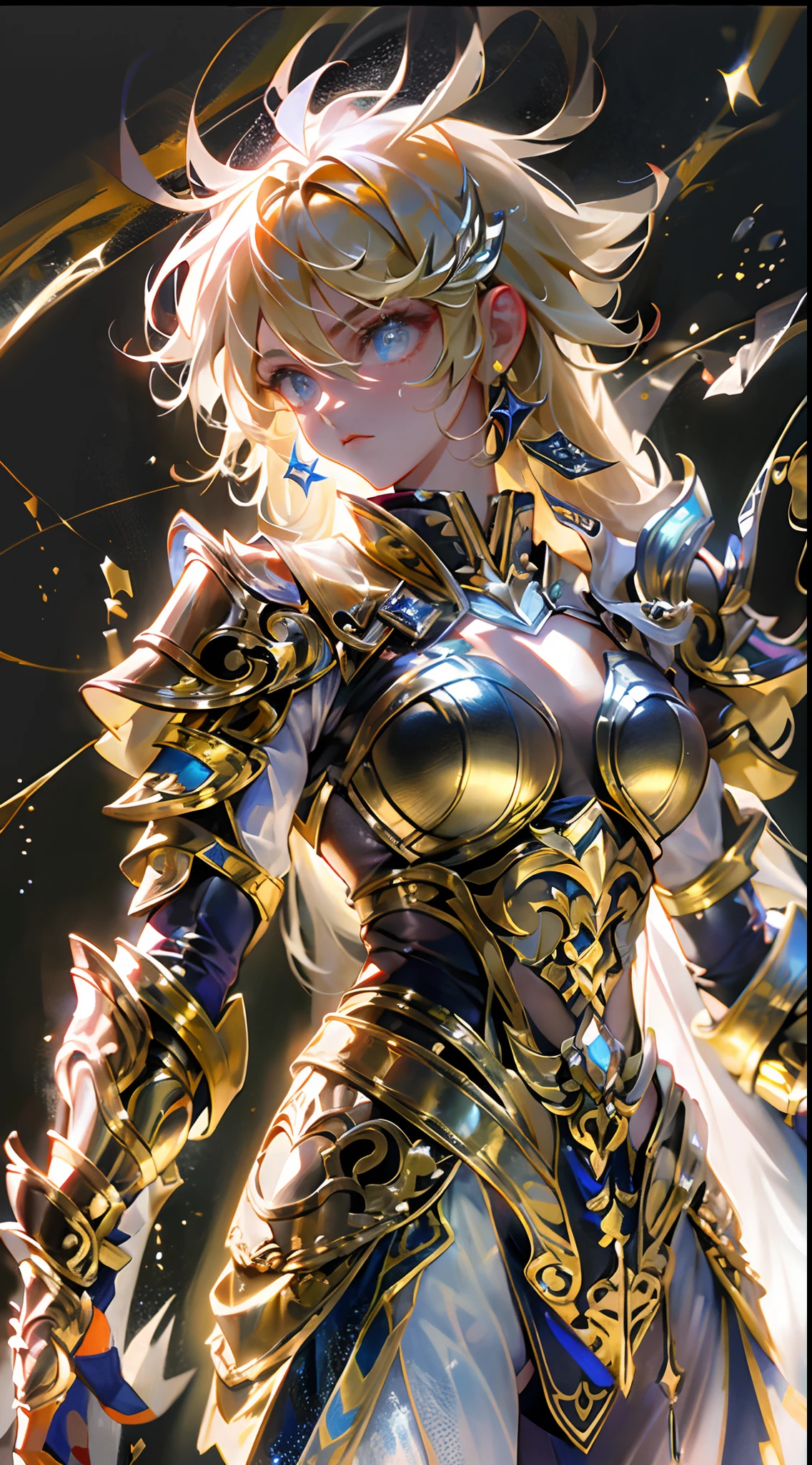 Ultra-high saturation，（tmasterpiece）， fully body photo，（best qualtiy）， （1girll）， starryskybackground，Wearing shiny gold armor， Sexy lingerie type armor，Expose your chest，Expose the waistline，Exposing thighs，cool-pose， Saint Seiya Armor， messy  hair，high detal, Anime style, Cinematic lighting, Sparkle, god light, Ray traching, filmgrain, hyper HD, textureskin, super detailing, Anatomical correct, A high resolution，Ultra-high saturation，hight contrast，High-gloss armor，Smooth skin，Serious expressions,Dark room,