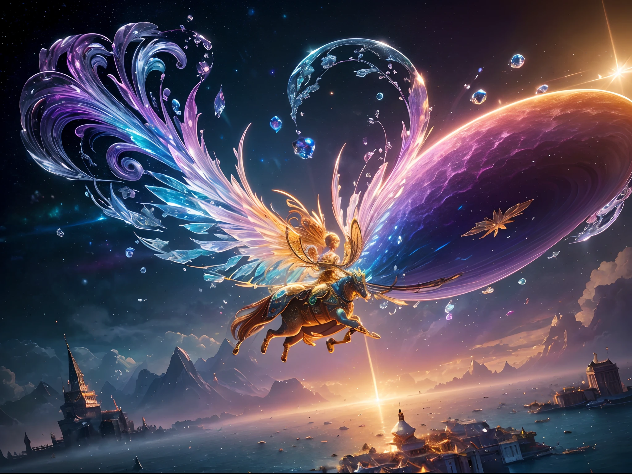 (Masterpiece, Top Quality, Best Quality, Ultimate Detail, Highest Detail, Official Art, Beauty & Aesthetics: 1.2), Golden Ratio, Full Composition, official art, Unity 8k wallpaper, super detailed, beautiful, (fractal art: 1.4), the school girl is riding on the purple turtle, flying over the town, full body, crystallineAI, from below, splash,crystal,rainbow