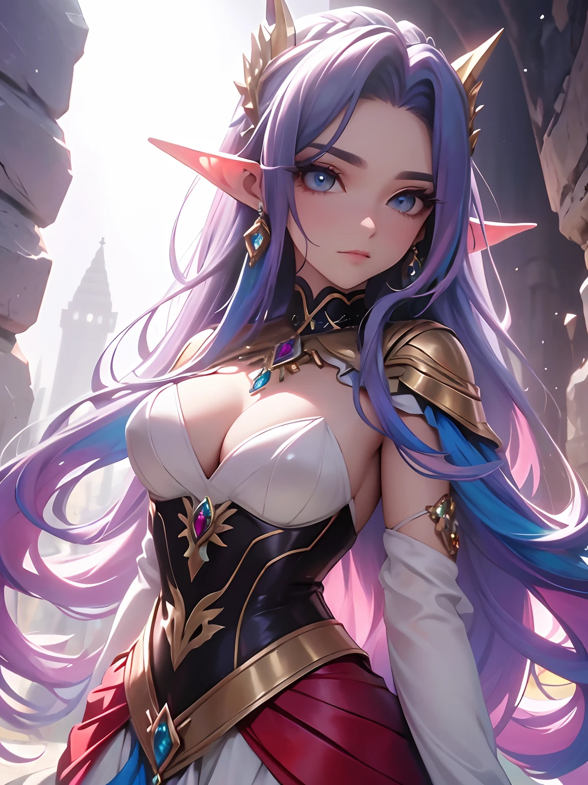 Melhor qualidade，(elf), (milf), masterpiece，Final resolution, extremamente colorido，colorido，Senhora Cavaleiro，royal sister，Saia de armadura vermelha，Conjunto de corpo inteiro com pedras preciosas，ametista，Enorme teto，（Long thin rainbow hair，rabo de cavalo alto), (hair rainbow strands)，Conjunto de escudos com pedras preciosas，jewelries，Pedras preciosas，Postura normal, (rainbow hair), (olhos amarelos), (apaixonada)