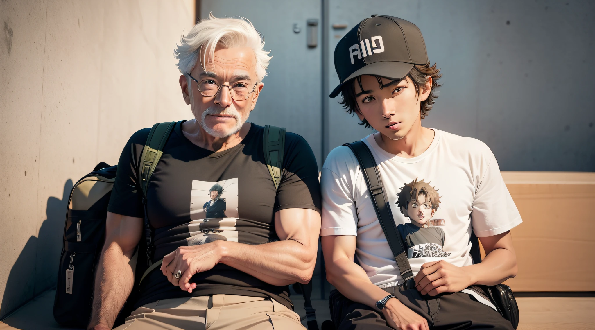 There are two weights in the photo, um menino sorrindo com uma mochila e uma camiseta, anime hiper realista, estilo realismo anime, anime fotorrealista, hyperrealism artstyle, Estilo anime 3D realista, Next to him is his 60-year-old grandfather with a backpack and a T-shirt, anime hiper realista, estilo realismo anime, anime fotorrealista, hyperrealism artstyle, Estilo anime 3D realista, ao fundo na parede tem um quadro do mapa mundial.