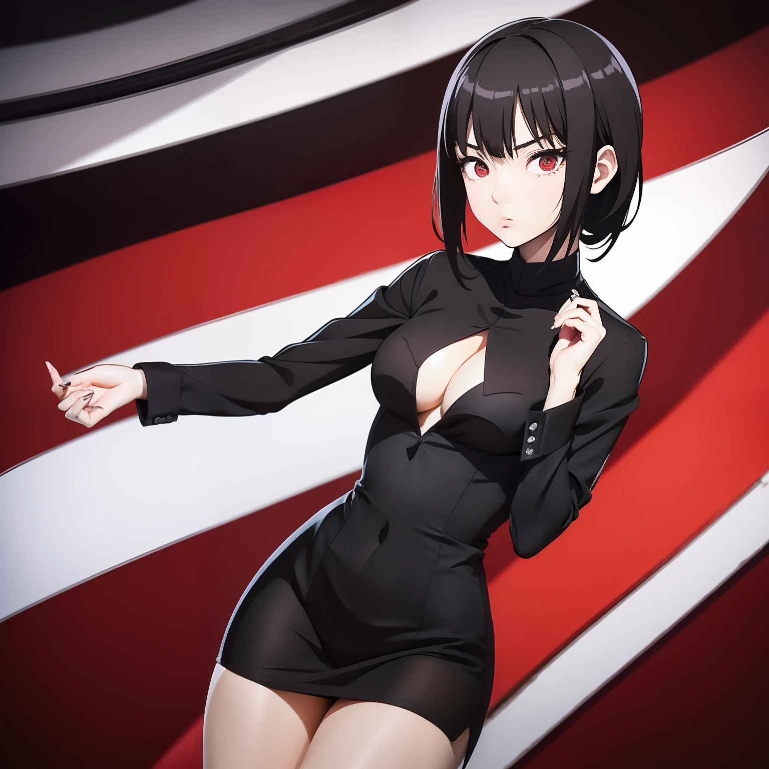 1girl, short black hair, red eyes, wearing black simple clothing, high res, ultrasharp, 8K, masterpiece, looking at viewer, central character. She stands confidently in the center, with a determined expression on her face. The background is fully white, fashionable, woman, vibrant, outfit, posing, front, colorful, dynamic, background, elements, confident, expression, holding, statement, accessory, majestic, coiled, around, touch, scene, attention-grabbing, stylish, catchy, larger, striking, modern, trendy, focus, hands behind her back