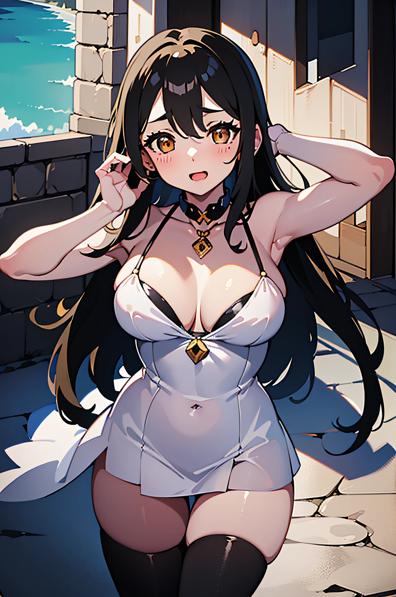 (best quality), (high quality), (detailed), (absurdres), (masterpiece), good artist, 1girl, albedo \(overlord\), white dress, hair between eyes, white horns, black wings, low wings, large breasts, looking at viewer, ahegao, (arms behind head),