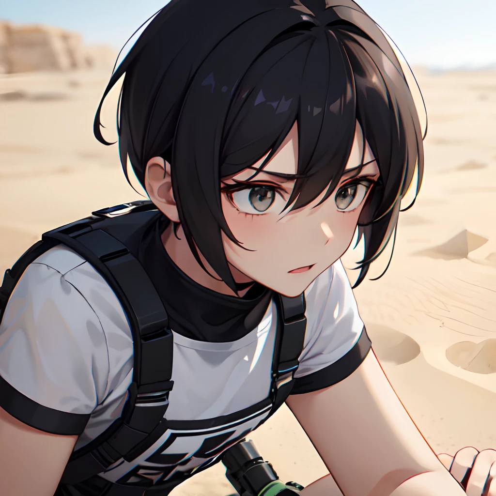 Top shot, (Tomboy prayer:1.5) In the desert, Perfect feminine face, grey eyes, skinny, Space Force camouflage mesh t, Black and dark striped ginger hair, Spotted outfit, .RAW, Sony Alpha A9 II, 24-105 ملم f/4, hdr