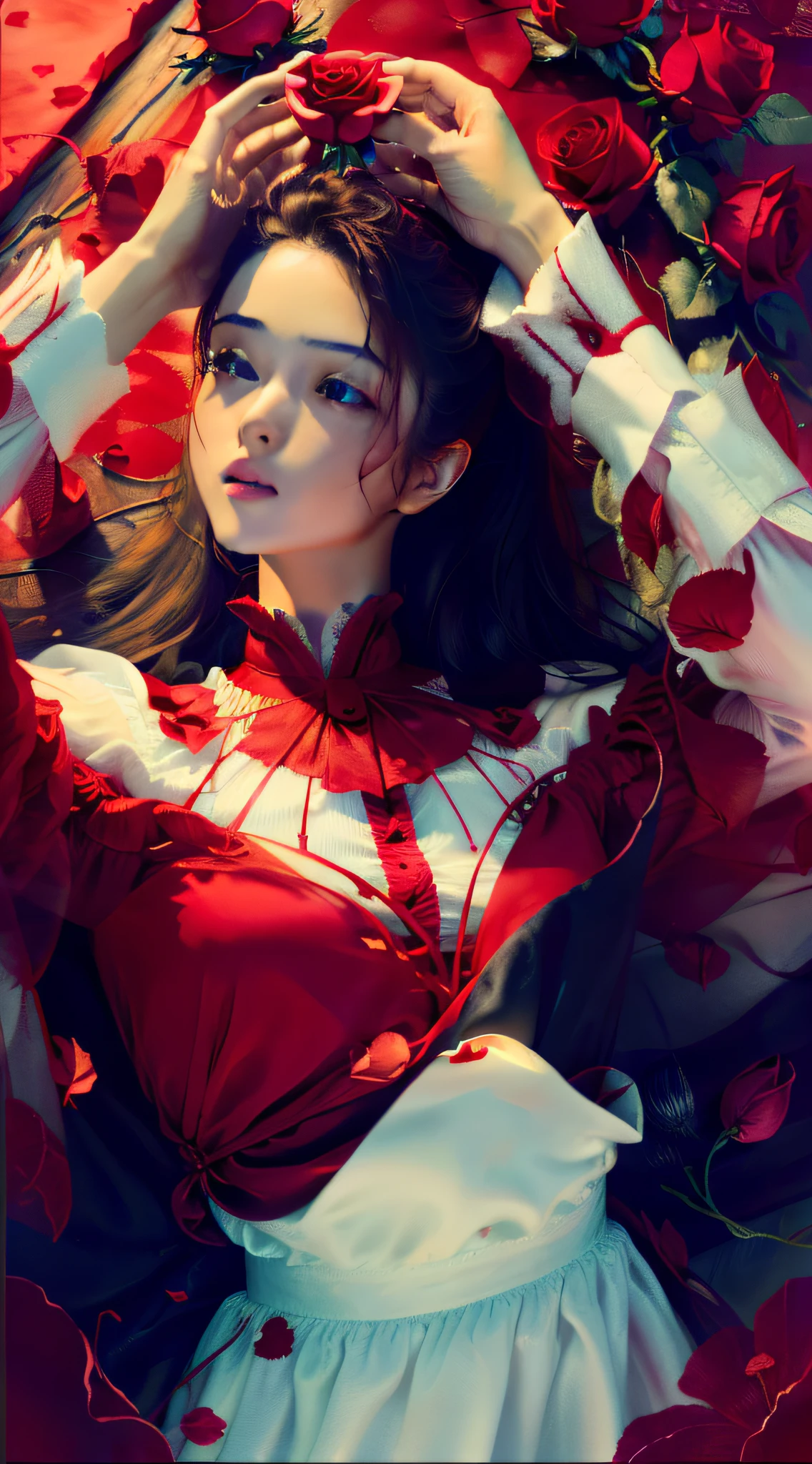 I'm going to make a cover for a suspense novel,A red rose appears at the top of the picture,Some petals float down in the middle,The last petal turns into a drop of blood。The color tone of the picture is blue-red