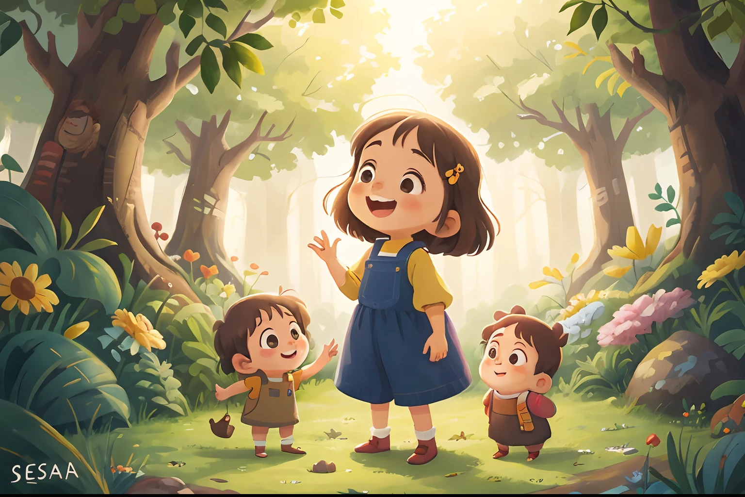 Happy child girl. Bucolic style. Women's children's clothing. Cor Lisa. Arte simples. Ghibli Style Studio. em um jardim, segurando mapa do tesouro