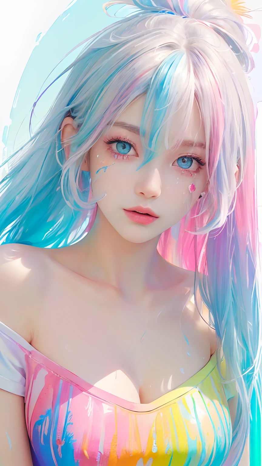 (NSFW),（Pink Fashion T-shirt：1.9），(Colorful hair: 1.8), (all the colours of the rainbow: 1.8),(((((vertical painting：1.6))), （painting：1.6），front, comics, illustrations, paintings, large eyes, crystal clear eyes,（ rainbow color gradient high ponytail：1.7）, exquisite makeup, (Small Fresh: 1.5),(Wipe Chest: 1.6) ，long eyelashes, white off shoulder T-shirt, White Shoulder Shirt，looking at the audience, large watery eyes, (rainbow colored hair：1.6), color splash, color splash, color explosion, thick paint style, messy lines, ((shining))，(colorful), (colorful), (colorful), colorful, Thick Paint Style, (Splash) (Color Splash), Vertical Painting, Upper Body, Paint Splash, Acrylic Pigment, Gradient, Paint, Highest Image Quality, Highest Quality, Masterpiece, Depth of Field, Face Paint, colorful clothes, (Elegant: 1.2), gorgeous,long hair, wind, (Elegant: 1.3), (Petals: 1.4)，(((masterpiece))),(((best quality))),((ultra-detailed)),(illustration),(dynamic angle),((floating)),(paint),((disheveled hair)) , (((detailed anime face))),((beautiful detailed face)),collar,bare shoulders,white hair, ((colorful hair)),((streaked hair)),beautiful detailed eyes,(Gradient color eyes),(((colorful eyes))),(((colorful background))),(((high saturation))),(((surrounded by colorful splashes))), (open mouth, tongue out, LICKING MY DICK, blushed face:1.2, cum on body:1.5),  #DDIM, #licking my dick LoRA v1.2 weight 1.0