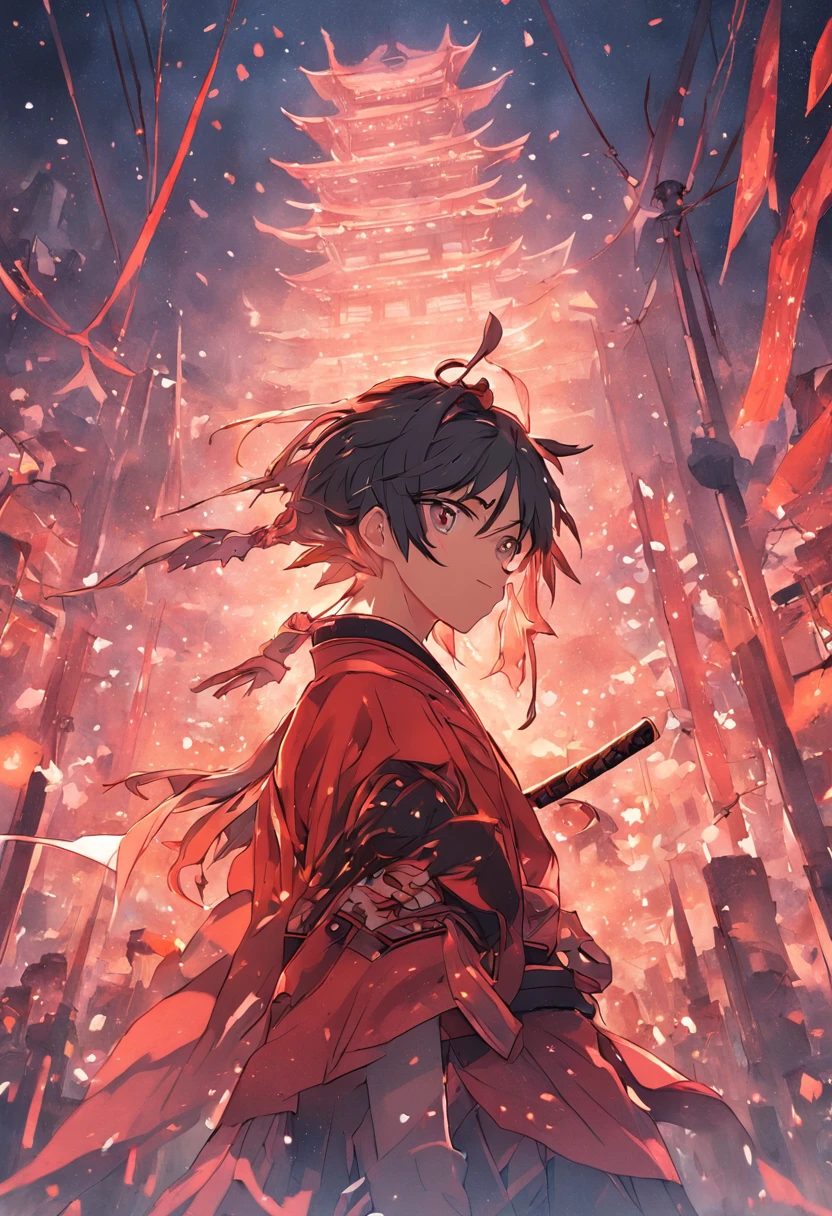 um fundo oriental, magico, com um rosto samurai com uma barba ruiva, ambiente escuro