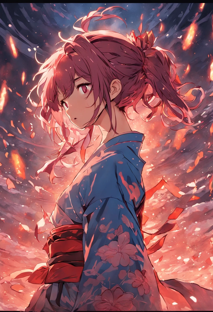 um fundo oriental, magico, com um rosto samurai com uma barba ruiva, ambiente escuro
