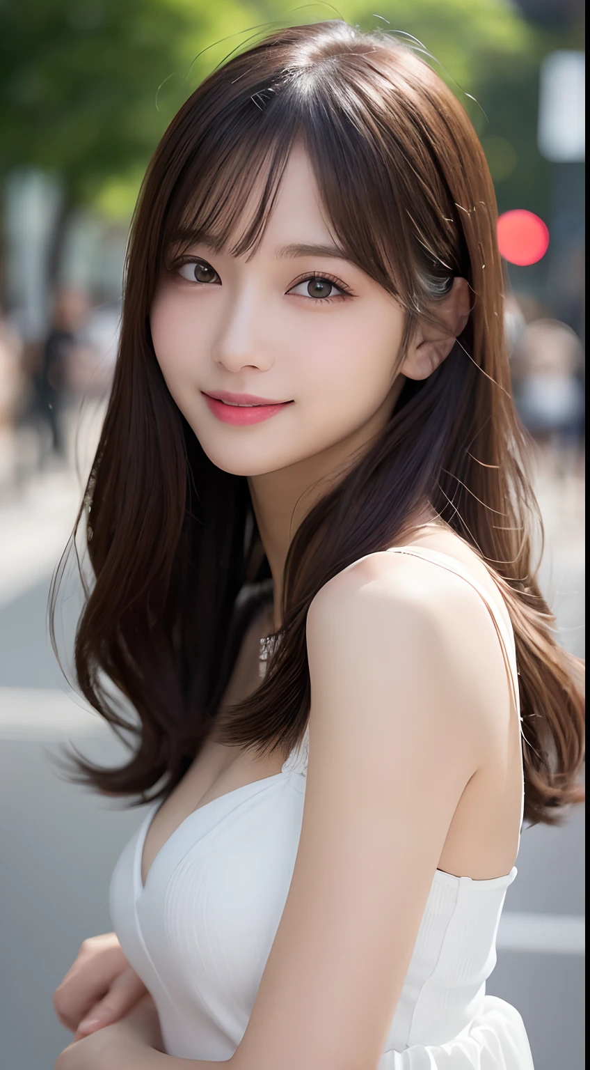 masterpiece、1 beautiful girl、Detailed eyes、Puffy eyes、Highest quality, 超High resolution, (Reality: 1.4), Cinema Lighting、Japanese、Asian Beauty、Super Beauty、Beautiful Skin、Slender、Body facing forward、(Surreal)、(High resolution)、(8k)、(Very detailed)、(Beautiful and detailed eyes)、(Ultra-detailed)、 (wall-)、Detailed face、Bright lighting、Professional Lighting、View your viewers、Look straight ahead、(The costume is a knit dress)、Long Hair, My hair is messy, Asymmetrical bangs, 、Night Scenery、Brown Hair、Japan is an idol、Korean Idol、Gravure idol pose、Age 18、expensive, smile、Large Breasts,