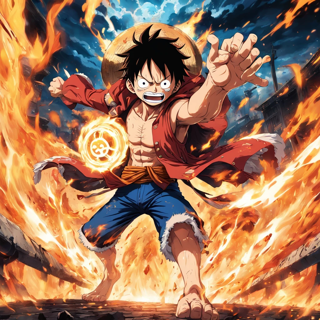 Design a gripping poster，Features Luffy as the protagonist "One Piece" Change five gears in a fit of anger. Capture the essence of his burning determination and indomitable spirit，For he unleashed his anger on his enemies. Keep it short, Bold, And strongly convey the raw power of Luffy's anger.