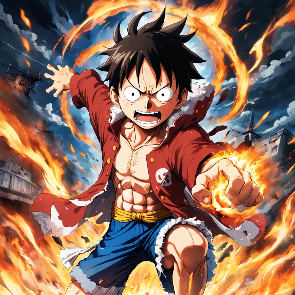 Design a gripping poster，Features Luffy as the protagonist "One Piece" Change five gears in a fit of anger. Capture the essence of his burning determination and indomitable spirit，For he unleashed his anger on his enemies. Keep it short, Bold, And strongly convey the raw power of Luffy's anger.