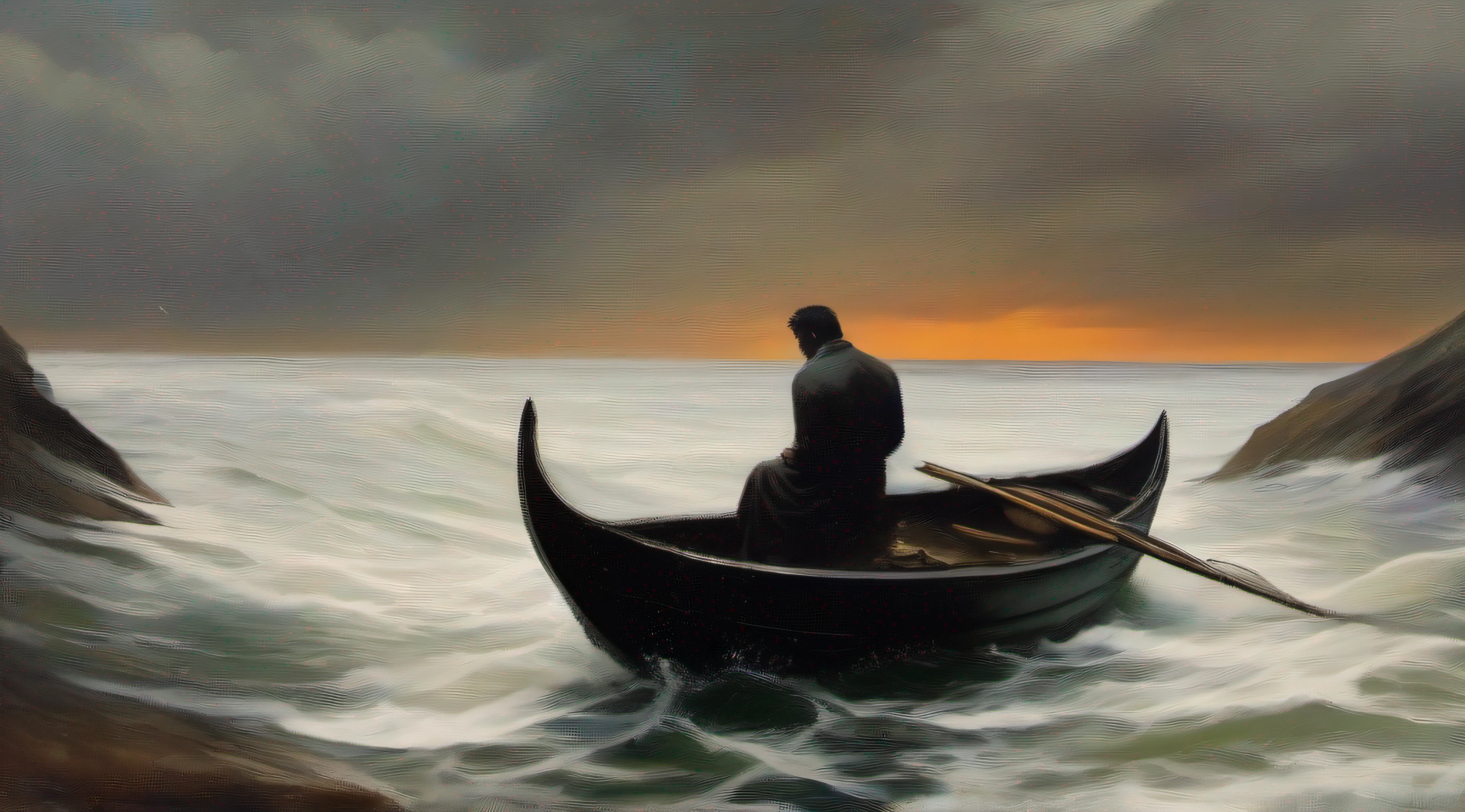 Abyss of Desolation, In a realm beyond dreams, a deep precipice stretches. Next to him, a man hovers on the edge, prestes a mergulhar no abismo de seu fim. The atmosphere is depressing, como uma pintura digna de Edgar Allan Poe. Sombras envolvem a cena, Capturing the Darkness Within. O desespero permeia o ar, while man and the precipice become metaphors of human anguish. A dark vision that echoes the deep feelings of sadness and loss