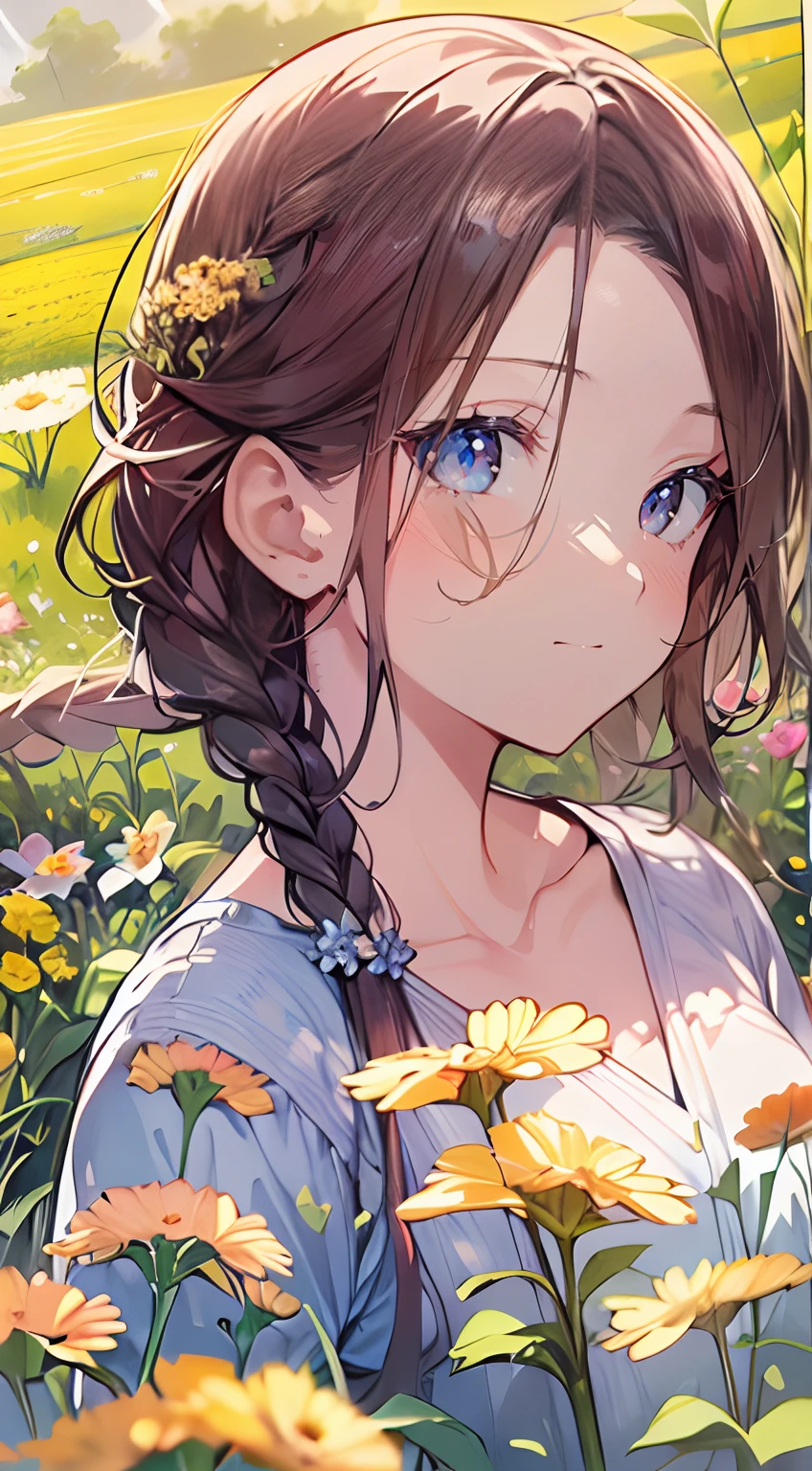 masutepiece, Best Quality,Illustration, Wallpaper, Ultra Detail, Absurd beauty、1 beautiful girl、 (Semi-long hair、short braided hair), Beautiful ultra-detailed eyes , Hair fluttering in the wind、Keep your head small、flower field、great outdoors、Landscape of the flower garden