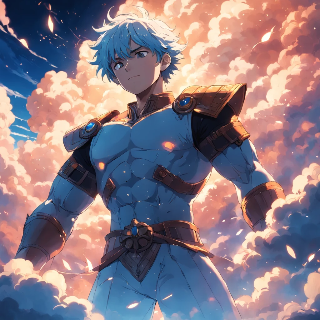 masterpiece, best quality, movie still, 1man, cloud man, floating in the sky, close-up, bright, happy, warm soft lighting, sunset, (sparks:0.7)
