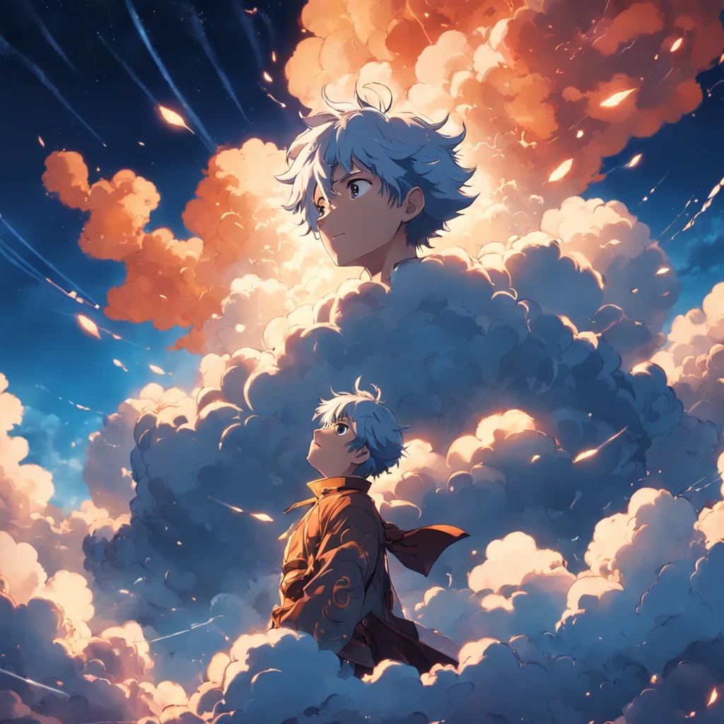 masterpiece, best quality, movie still, 1man, cloud man, floating in the sky, close-up, bright, happy, warm soft lighting, sunset, (sparks:0.7)