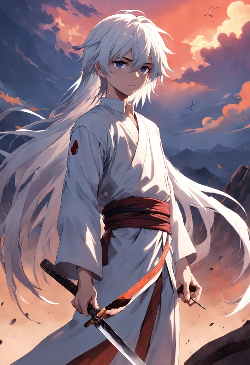 The boy with white hair，Thin and tall，Holding a long knife in pure white，A bandage is wrapped around the arm，Standing in the mountain of corpses