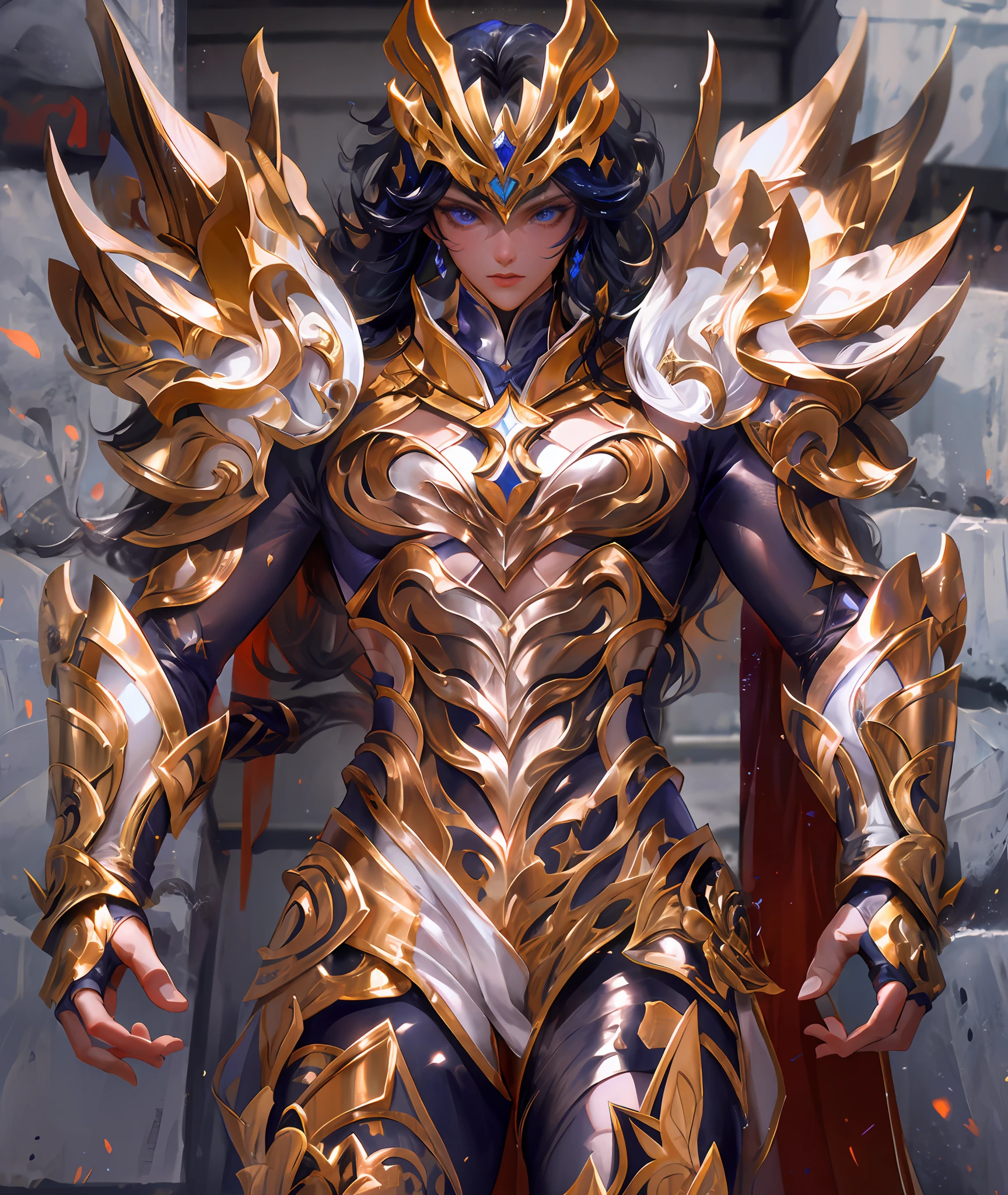 Ultra-high saturation,(tmasterpiece), fully body photo,(best qualtiy), (1girll), starryskybackground,Wearing shiny gold armor, Sexy lingerie type armor,Expose your chest,Expose the waistline,Exposing thighs,cool-pose, Saint Seiya Armor, messy hair,high detal, Anime style, Cinematic lighting, Sparkle, god light, Ray traching, filmgrain, hyper HD, textureskin, super detailing, Anatomical correct, A high resolution,Ultra-high saturation,hight contrast,High-gloss armor,Smooth skin,Serious expressions,Dark room,