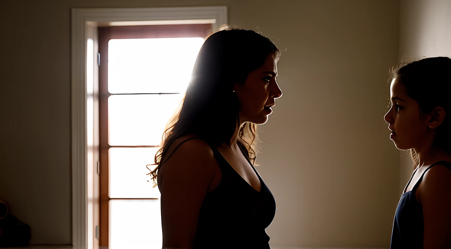 Foto RAW, Cena de filme,An angry mother with her 6-year-old daughter, num quarto escuro , Cinematic Shot, dramatic lighting,imagem aerea