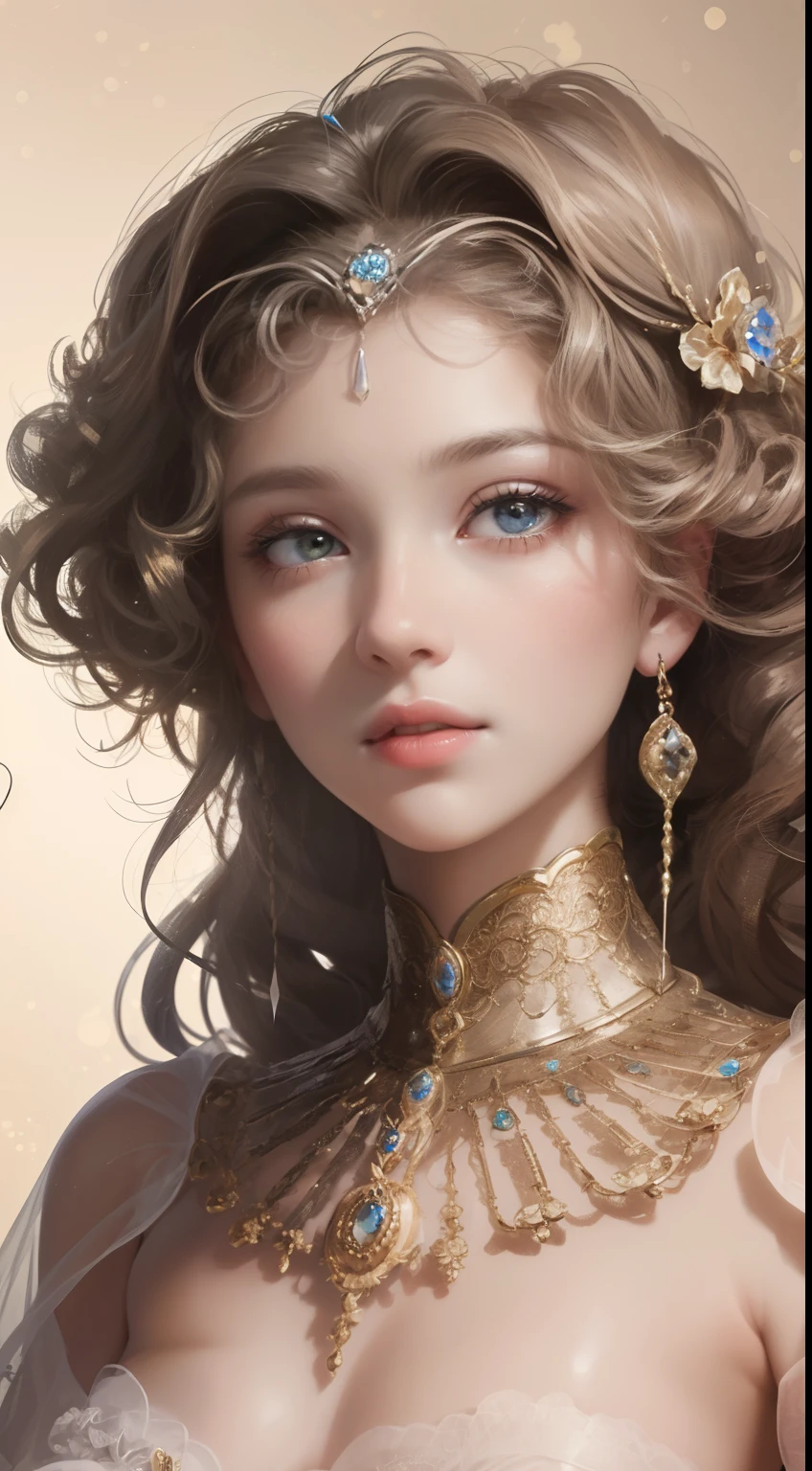 (Ultra-high quality masterpiece,Beautiful bust of an 18-year-old noble girl,Classical coiled hair net hair,There are small drills in the net hair pocket,curly hair at the end,The eyes are shiny and clear,Floral craftsmanship,Crystal jewelry,Ultra-fine details,Soft lighting)