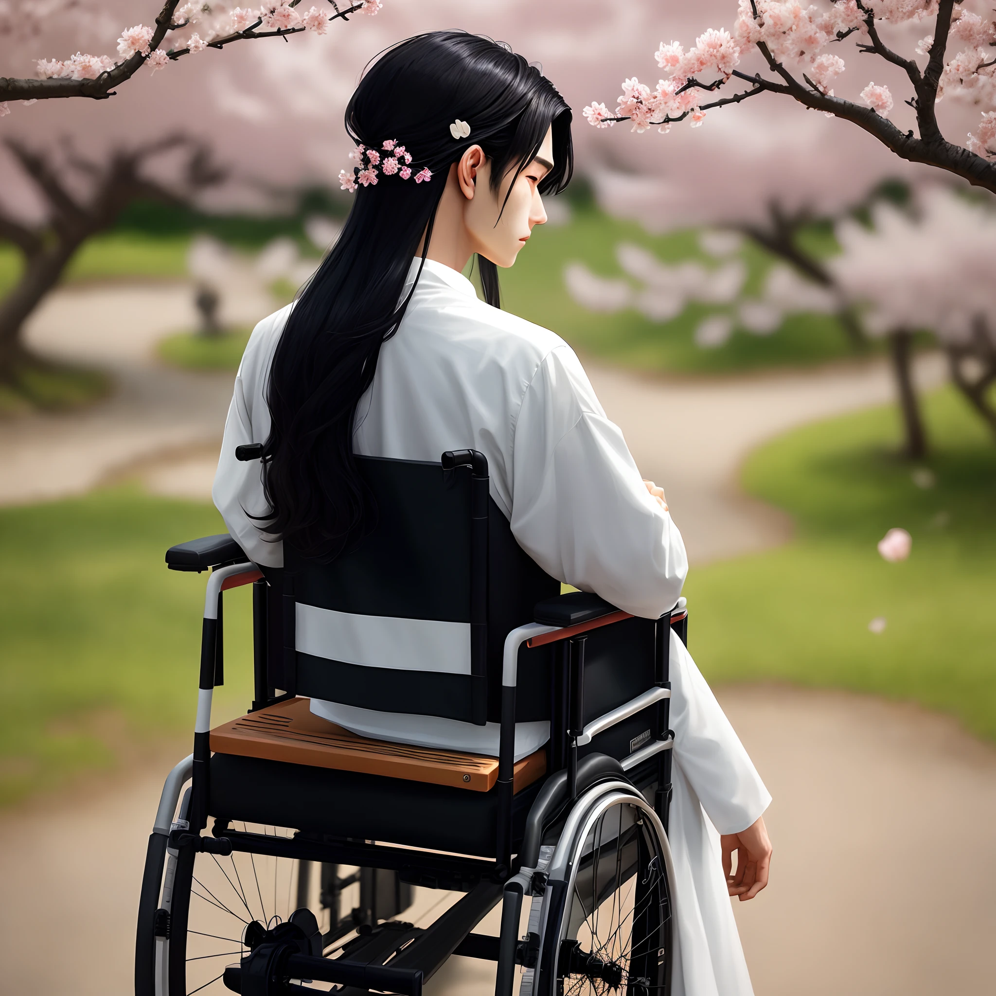 A young man in white in ancient costume in a wheelchair under a peach blossom tree,Long pitch-black hair,A jasper hairpin was pinned to his head,Faraway view,Back Shadow