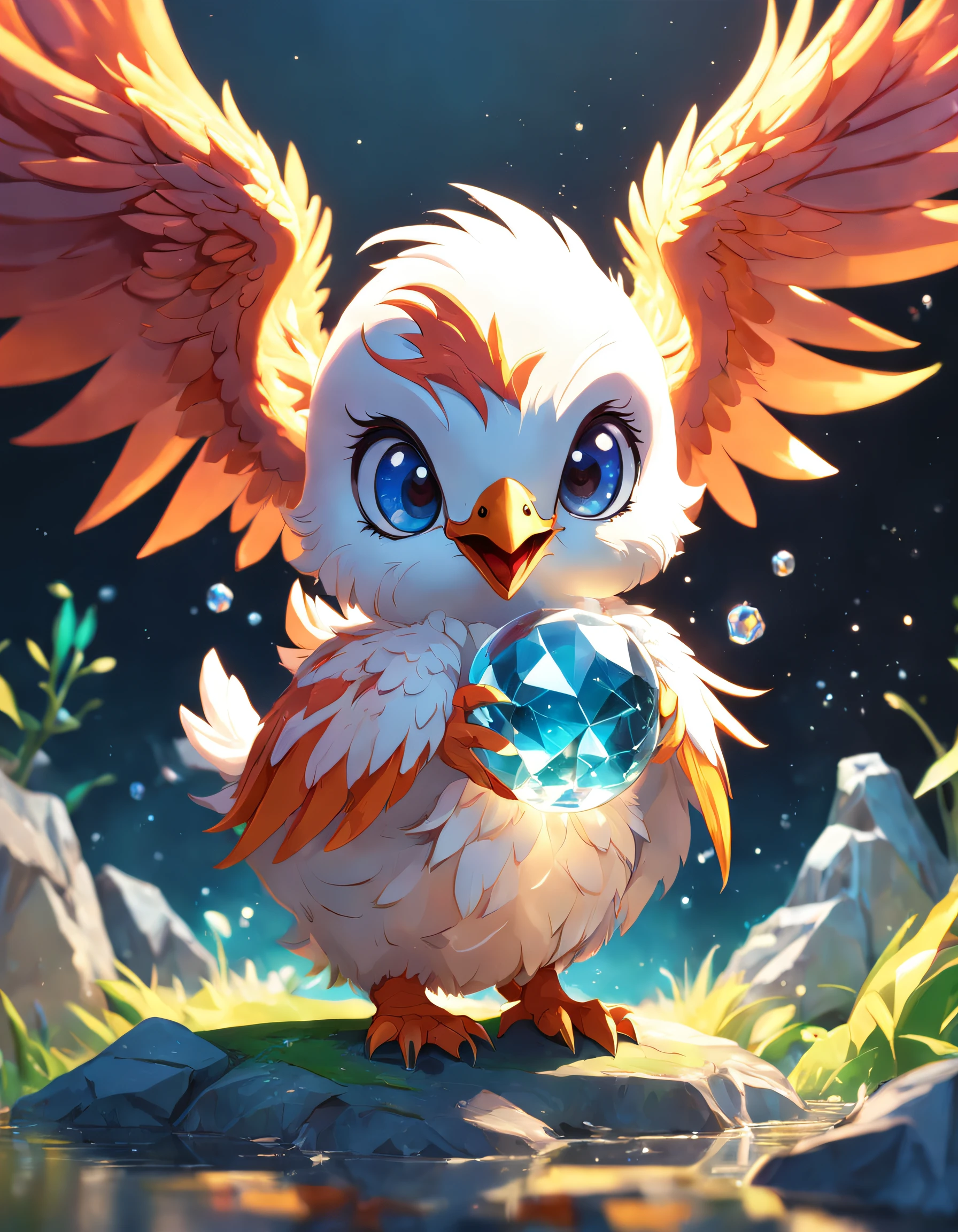 A cute adorable baby phoenix made of crystal ball with low poly eye's highly detailed intricated concept art trending artstation 8k