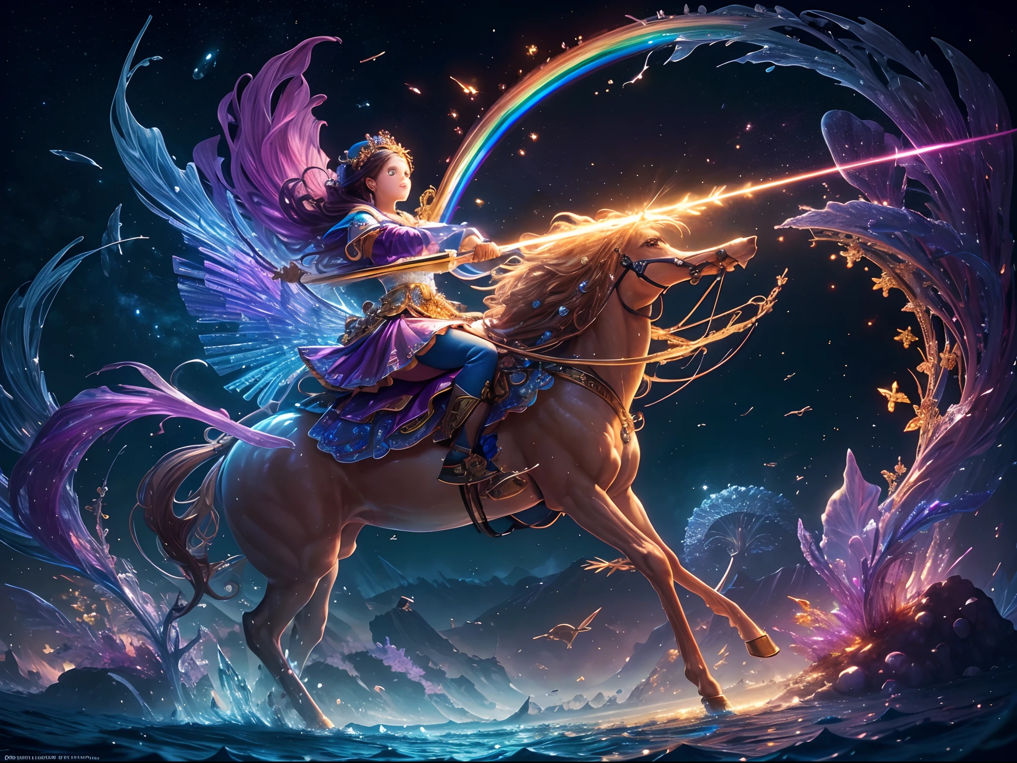 (Masterpiece, Top Quality, Best Quality, Ultimate Detail, Highest Detail, Official Art, Beauty & Aesthetics: 1.2), Golden Ratio, Full Composition, official art, Unity 8k wallpaper, super detailed, beautiful, (fractal art: 1.4), the school girl is riding on the purple turtle, flying over the town, full body, crystallineAI, from below, splash,crystal,rainbow