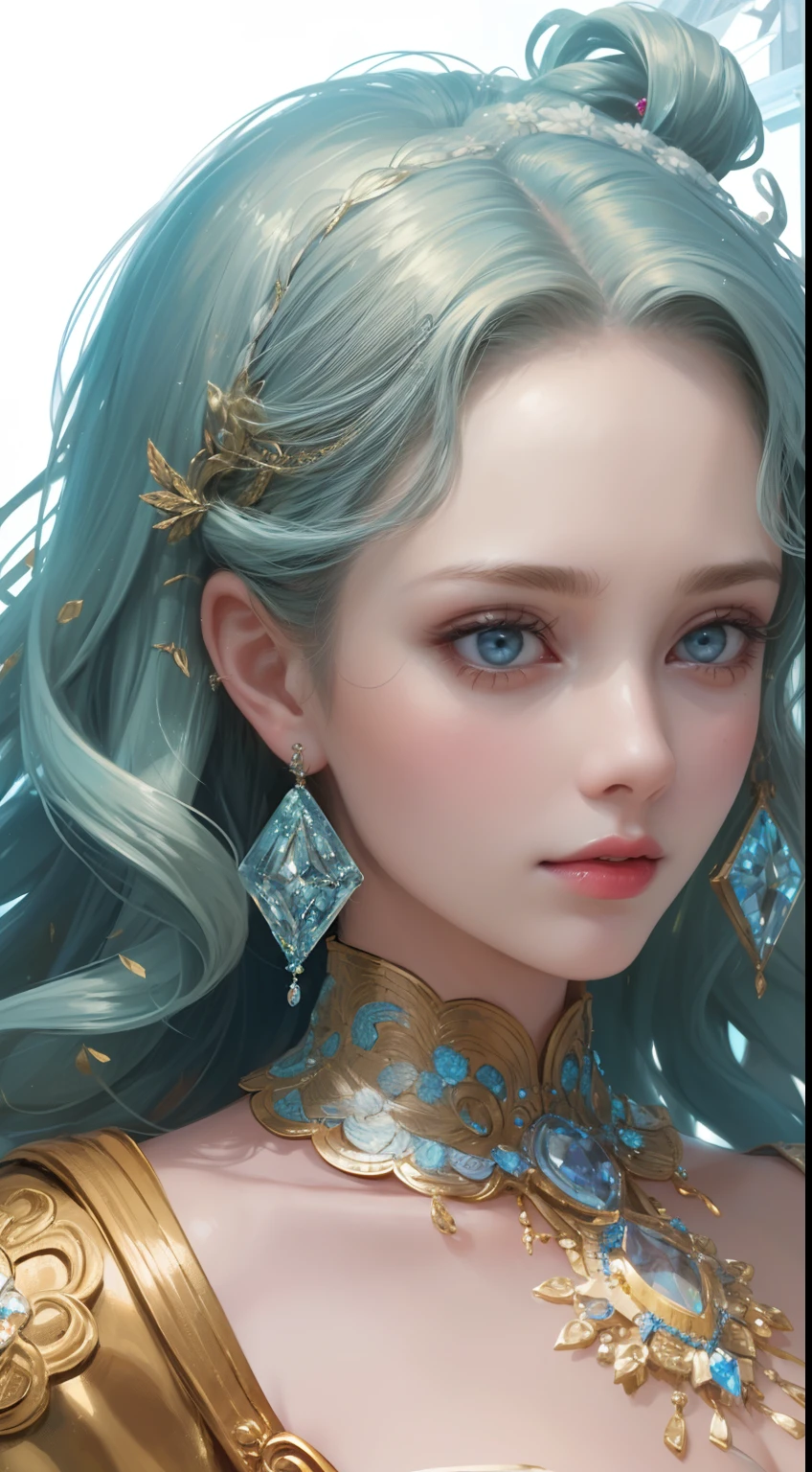 A close up of a woman with blue hair and a gold dress - SeaArt AI