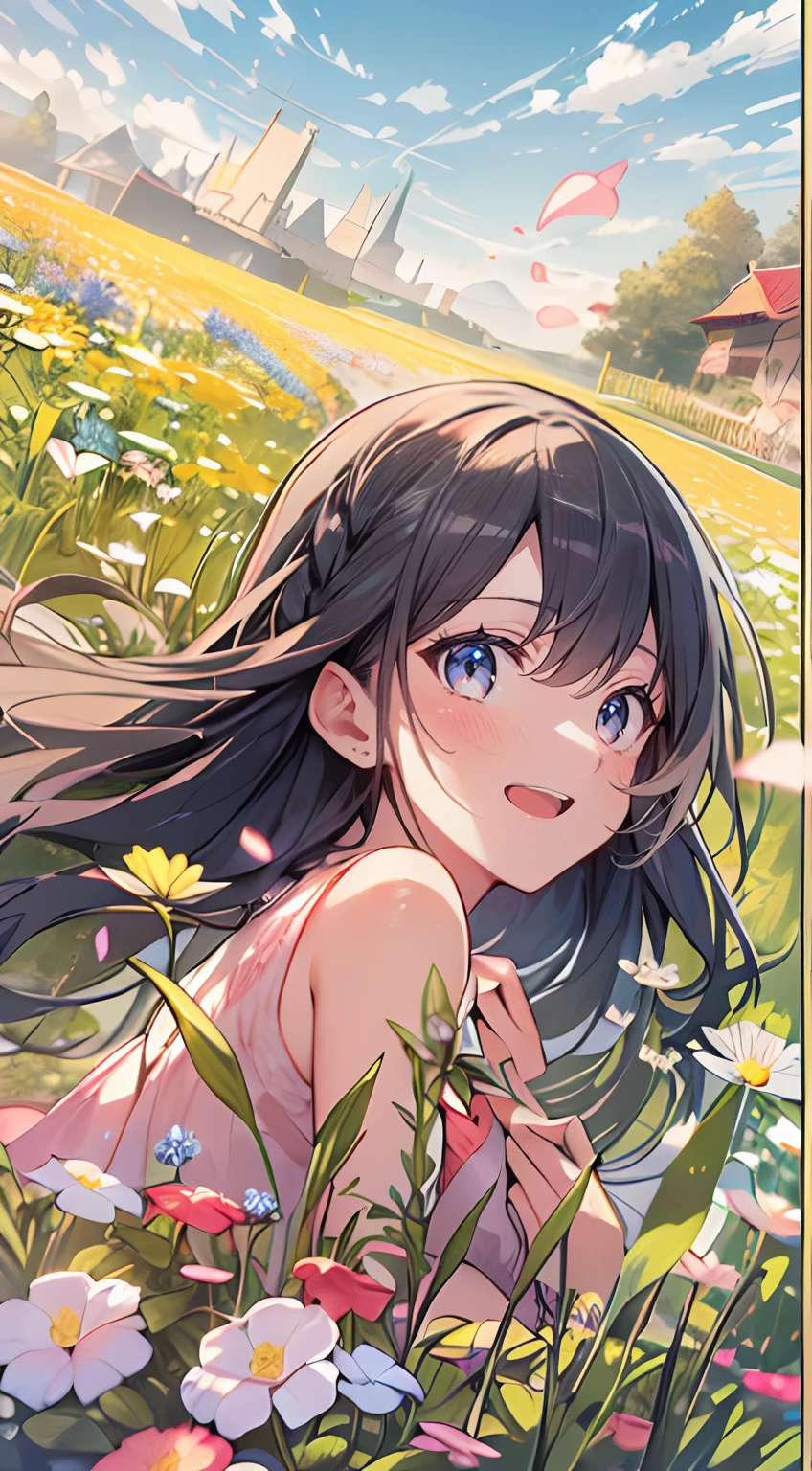 masutepiece, Best Quality,Illustration, Wallpaper, Ultra Detail, Absurd beauty、1 beautiful girl、 (Semi-long hair、short braided hair), Beautiful ultra-detailed eyes , Hair fluttering in the wind、Keep your head small、flower  field、great outdoors、Landscape of the flower garden