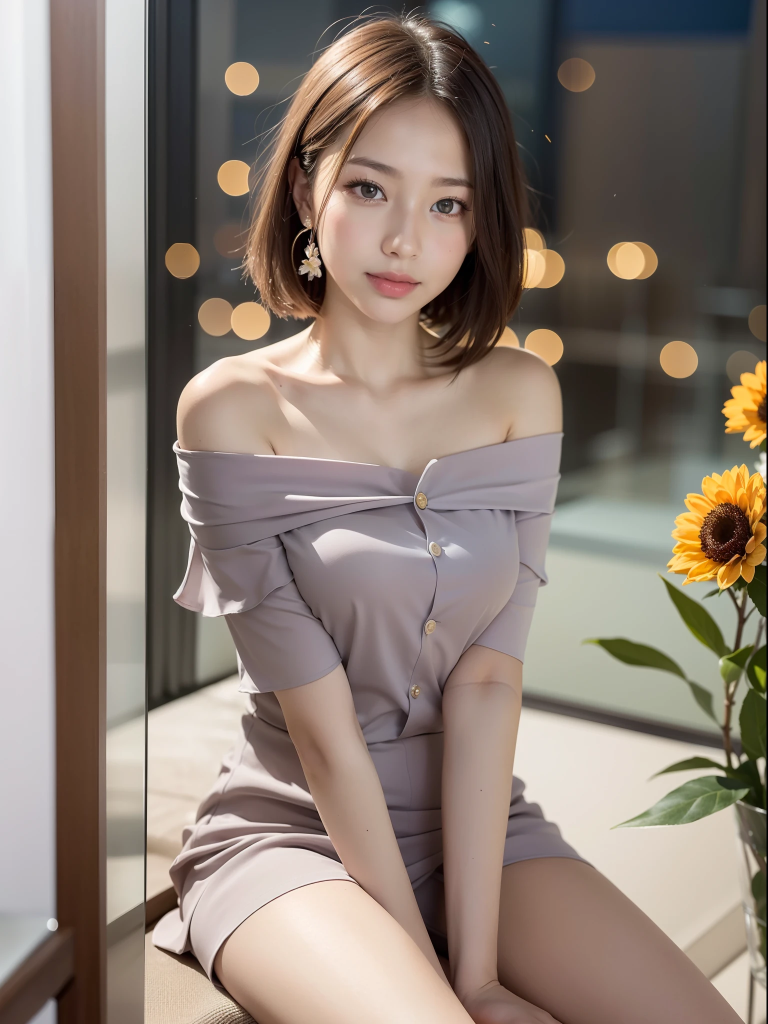 ((of the highest quality, 8K, masutepiece: 1.3, Raw photo)), Sharp Focus: 1.2, (1 AESPA Girl :1.1), Solo, (Realistic, Photorealistic: 1.37), (Face Focus: 1.1), Cute face, hyperdetailed face, night light, short messy hair, Small Smile, slender, nude, (business suit like Off-the-shoulder chiffon dress, skirt: 1.3), sitting, spread legs, night office room, flower, dahlia