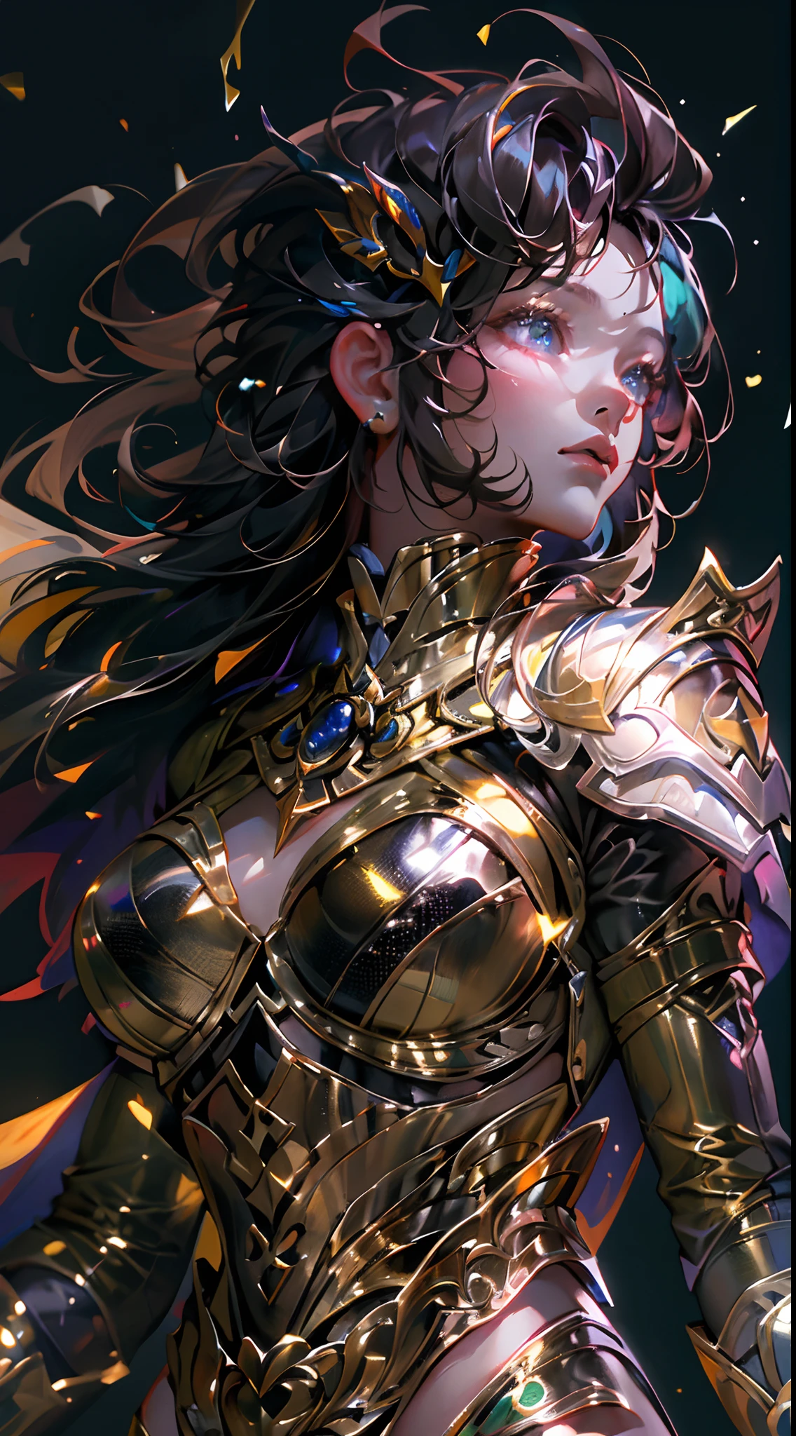Ultra-high saturation,(tmasterpiece), fully body photo,(best qualtiy), (1girll), starryskybackground,Wearing shiny gold armor, Sexy lingerie type armor,Expose your chest,Expose the waistline,Exposing thighs,cool-pose, Saint Seiya Armor, messy hair,high detal, Anime style, Cinematic lighting, Sparkle, god light, Ray traching, filmgrain, hyper HD, textureskin, super detailing, Anatomical correct, A high resolution,Ultra-high saturation,hight contrast,High-gloss armor,Smooth skin,Serious expressions,Dark room,