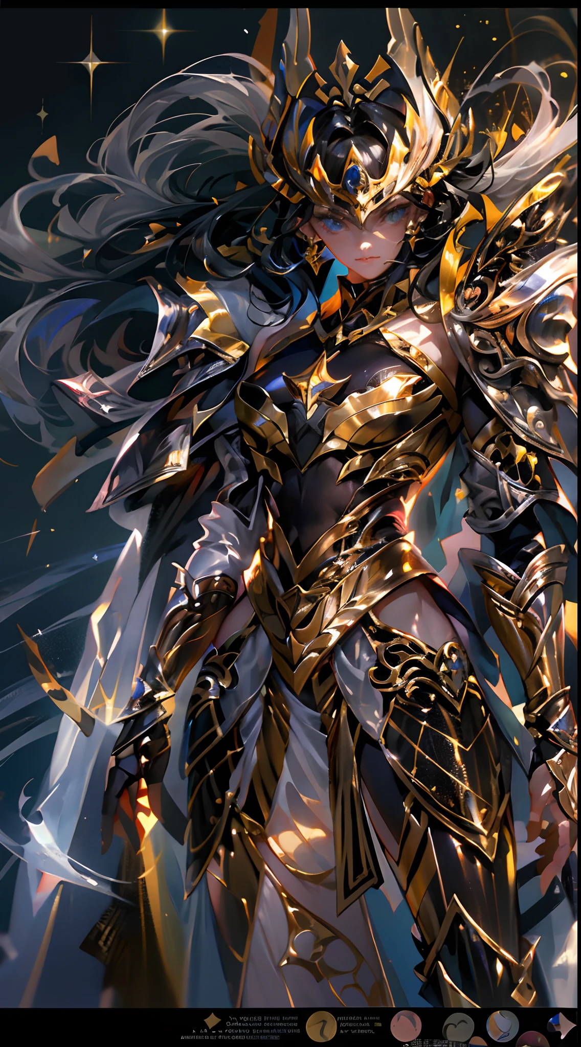 Ultra-high saturation,(tmasterpiece), fully body photo,(best qualtiy), (1girll), starryskybackground,Wearing shiny gold armor, Sexy lingerie type armor,Expose your chest,Expose the waistline,Exposing thighs,cool-pose, Saint Seiya Armor, messy hair,high detal, Anime style, Cinematic lighting, Sparkle, god light, Ray traching, filmgrain, hyper HD, textureskin, super detailing, Anatomical correct, A high resolution,Ultra-high saturation,hight contrast,High-gloss armor,Smooth skin,Serious expressions,Dark room,