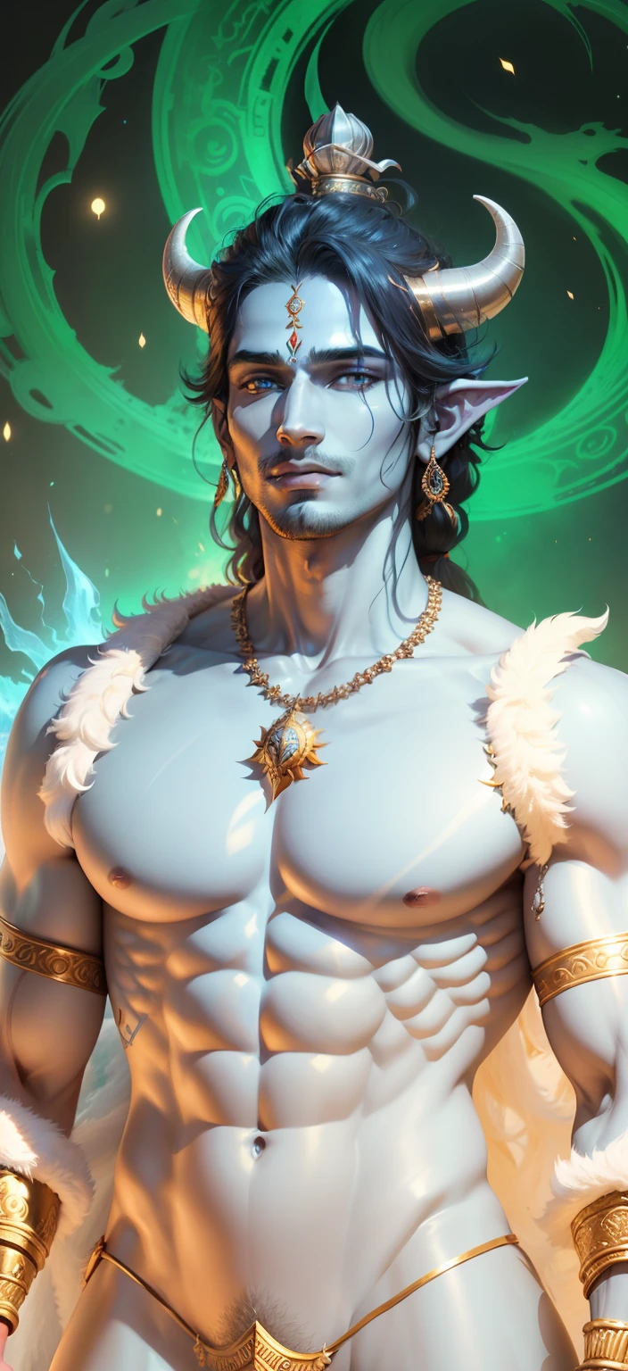 a full body naked shiva, lord shiva, god shiva the destroyer, hindu god, inspired by Kailash Chandra Meher, attractive male deity, cyborg hindu godbody, indian god, devainart, blue djinn, vishnu, serene expression, goddess close-up portrait, with horns, closeup portrait shot moon