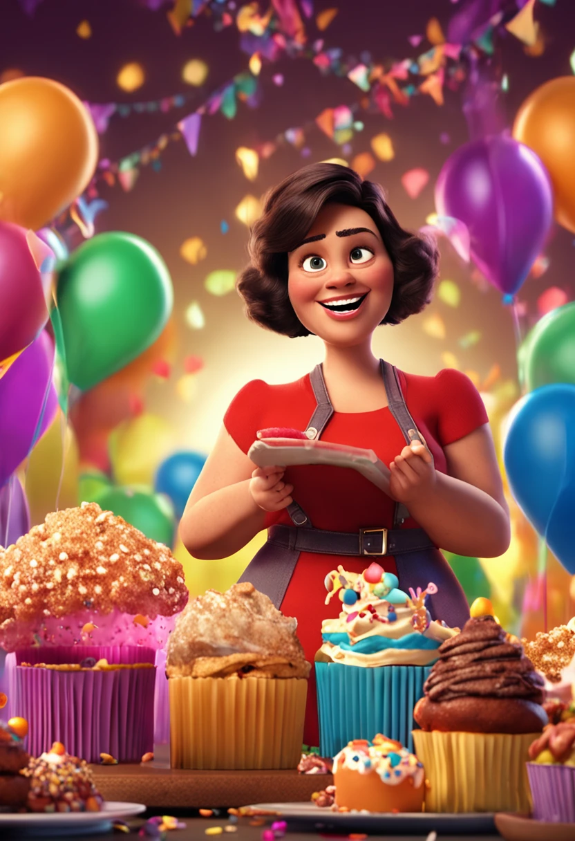 pixar 3d cartoon, chubby brunette woman celebrating her birthday