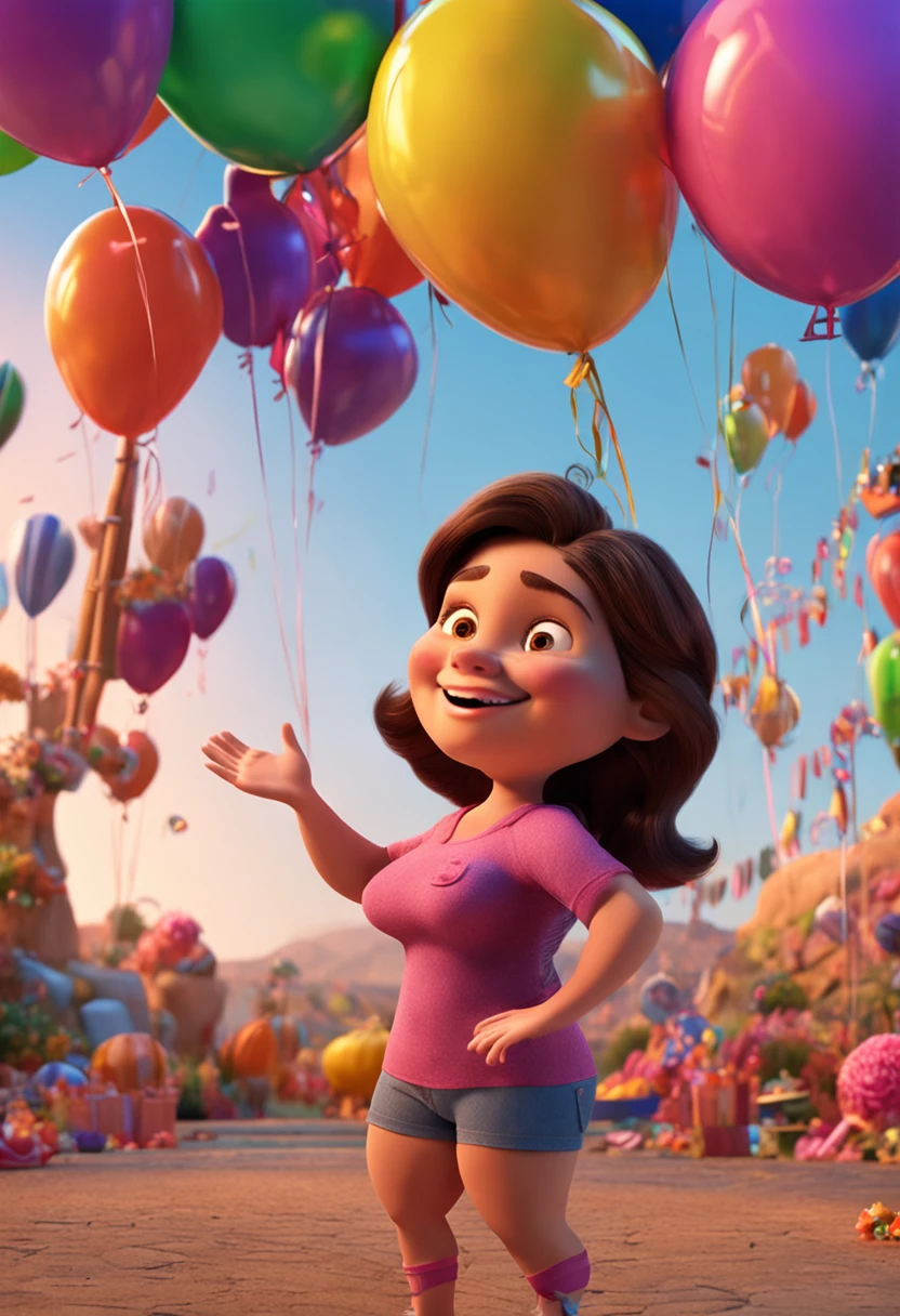 pixar 3d cartoon, chubby brunette woman celebrating her birthday