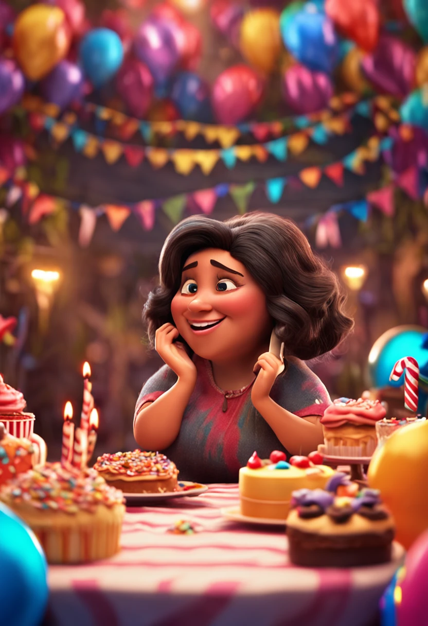 pixar 3d cartoon, chubby brunette woman celebrating her birthday