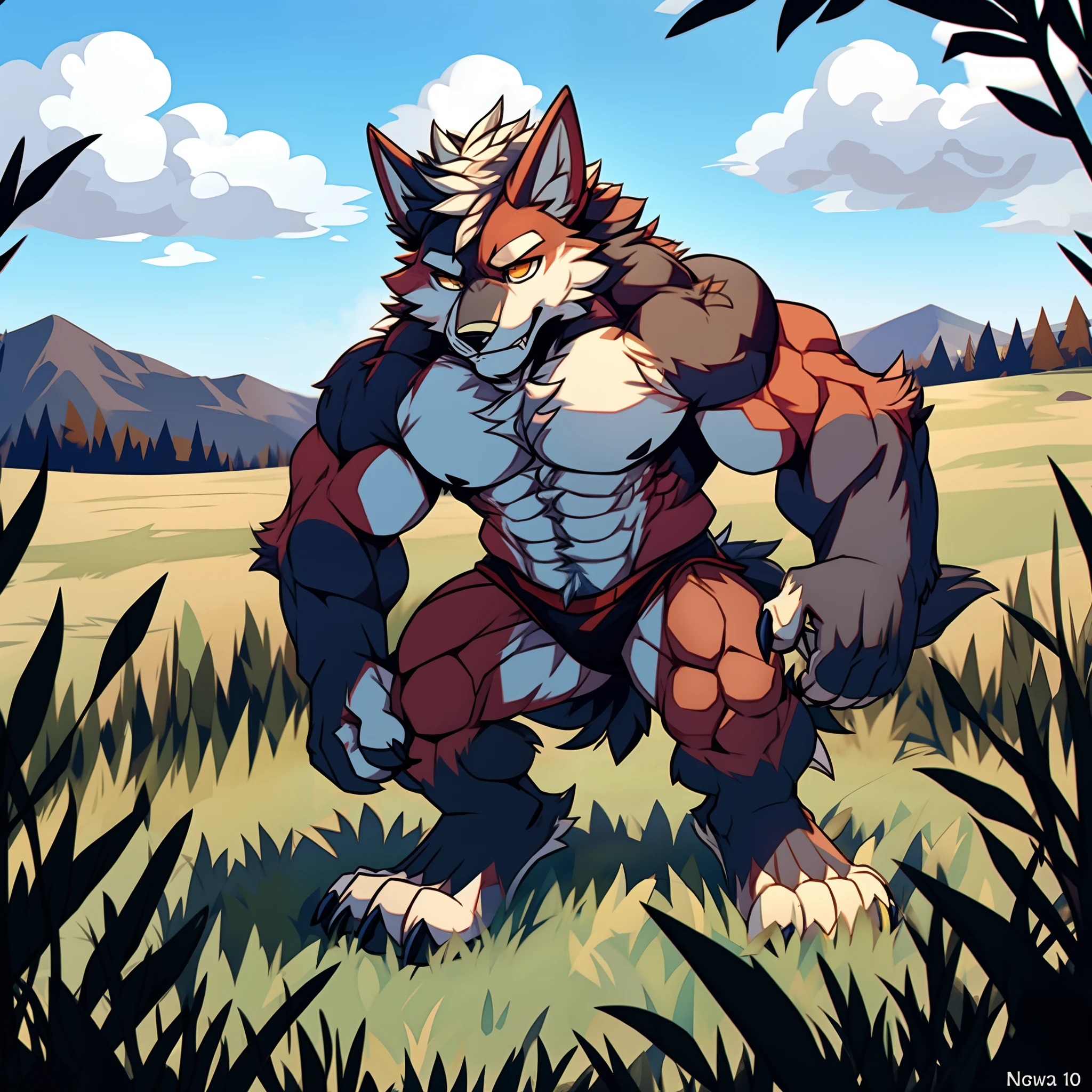 muscular werewolf，Hairy all over，clawed paws，erect through，grass field