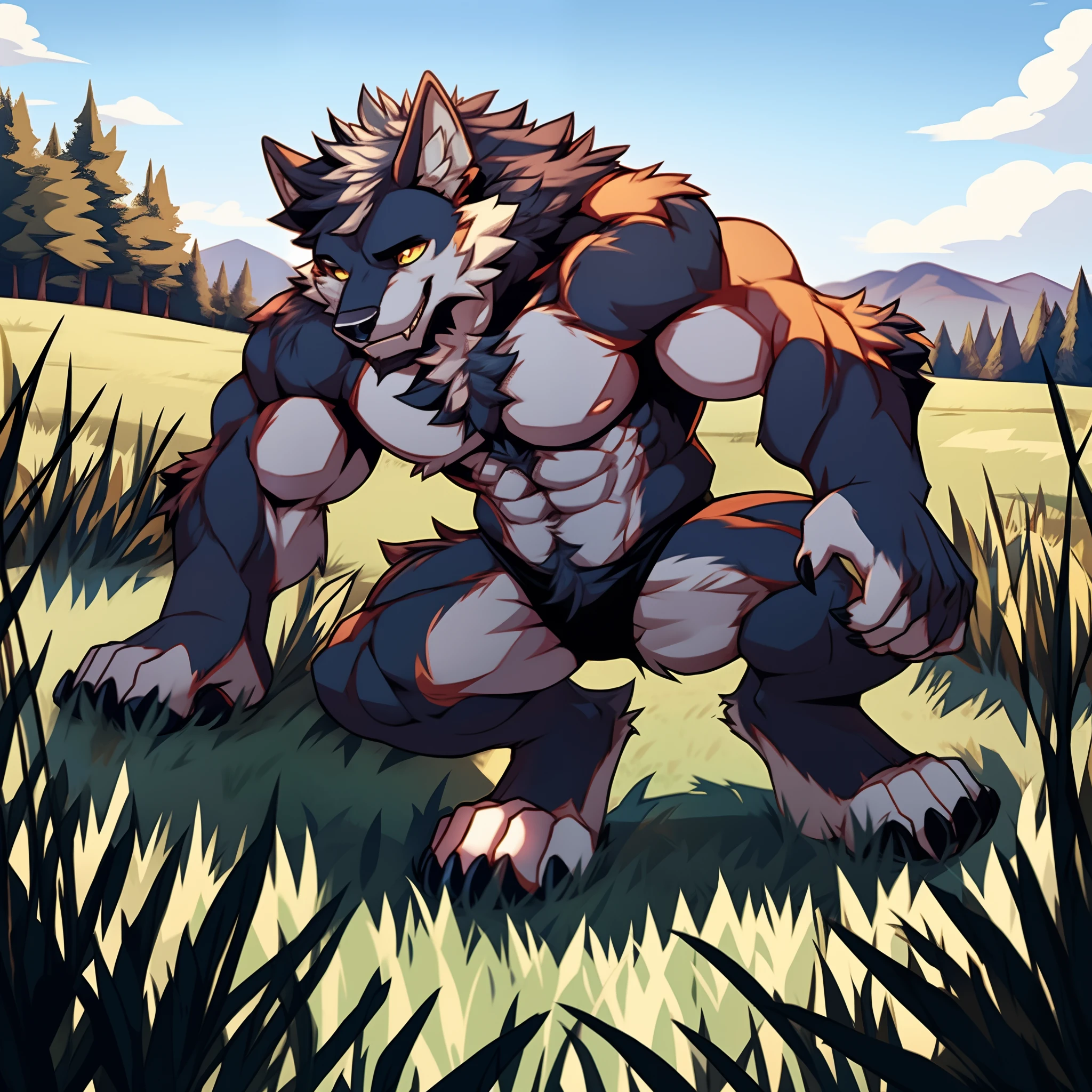Fluffy brown wolf、Backwards Wolf、Big back、Wolf fur on the back、非常にmuscular buttocks、Completely naked、Abnormally large muscles、Full body wolf fur、Midday forest background、Light background、Backwards pose、Hairless head、Fluffy, long body hair、Backwards pose、Wolf's Back、Composition from behind、muscular buttocks、Long brown hair all over the body、Fluffy body、Ruby-like eyes、Very long and profuse armpit hair、Wolf's Tail、Sharp Claws、A composition that captures the whole body、、Floating pose、Flying in the air pose、Aerial Background、