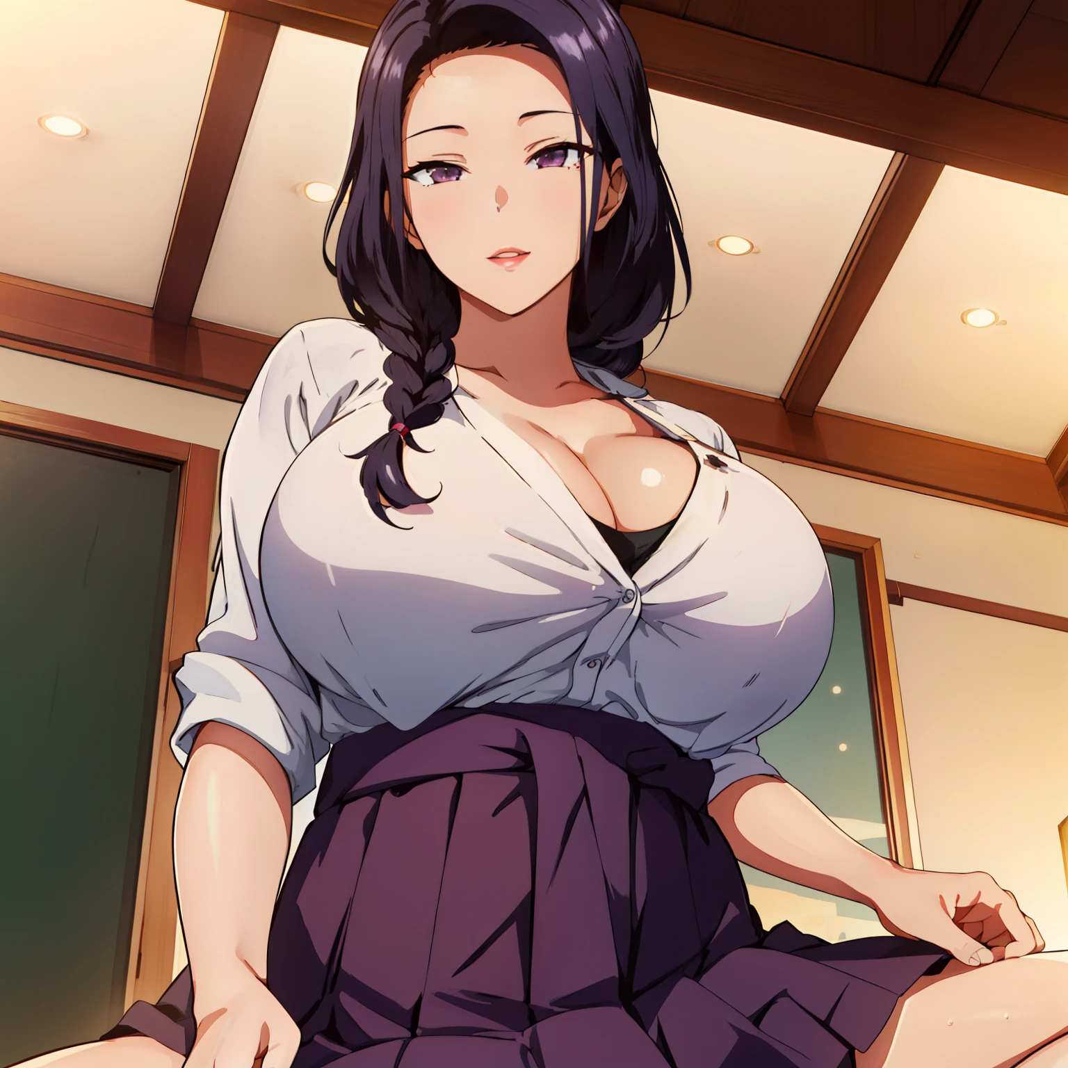 (highres, high quality, best quality:1.3), intricate details, vibrant image, colorful, volumentric lighting, saiminseishidou, Tsubaki Miyajima, 1girl, solo, (from below:1.2), looking down, looking at viewer, eye contact, (spread legs:1.2), (skirt tug:1.3),
(seductive look:1.2), seductive smile,
(high school teacher outfit:1.4),cleavage,
black_hair, long_hair, hair_pulled_back,parted_lips,purple_eyes, braid,
1 girl, 24yo,mature female,Beautiful Finger,Beautiful long legs,Beautiful body,Beautiful Nose,Beautiful character design, perfect eyes, perfect face, perfect fingers, perfect hands, perfect breasts, perfect body, perfect mouth, perfect lips,
looking at viewer, in the center of the image,
SFW,official art,extremely detailed body, exteremly detailed face, extremely detailed hair, extremely detailed eyes, wallpaper, perfect lighting,Colorful, Bright_Front_face_Lighting,
(masterpiece:1.0), ultra high res,4K,ultra-detailed, 8K, HDR, highres, absurdres:1.2, Kodak portra 400, film grain, blurry background, bokeh:1.2, lens flare, (vibrant_color:1.2)
(Beautiful,large_Breasts:1.4), (beautiful_face:1.5),(narrow_waist),